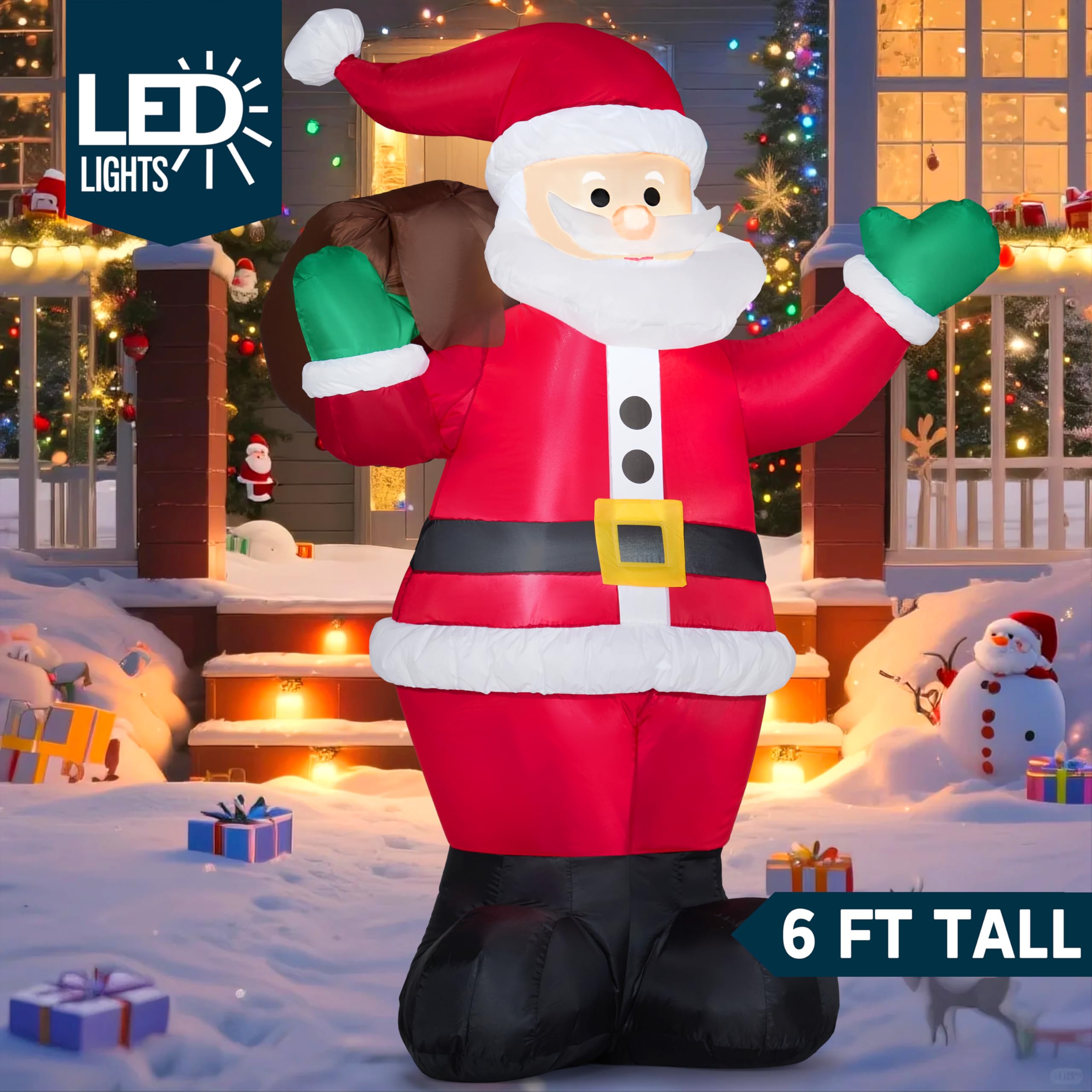 Joiedomi 6 FT Christmas Inflatable Santa with Gift Bag, Blow Up Xmas Inflatable Decorations with Build in LEDs for Christmas Dec