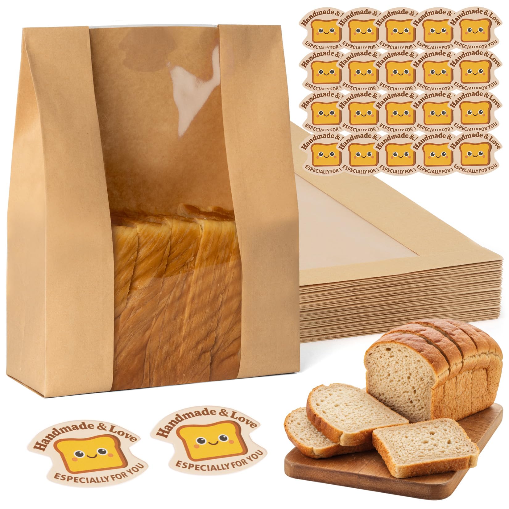 FUNFERY 30 Pcs Sourdough Bread Bags for Home Made Bread Sourdough,Large Paper Bags for Breads Gifting with Window & Cute Toast S
