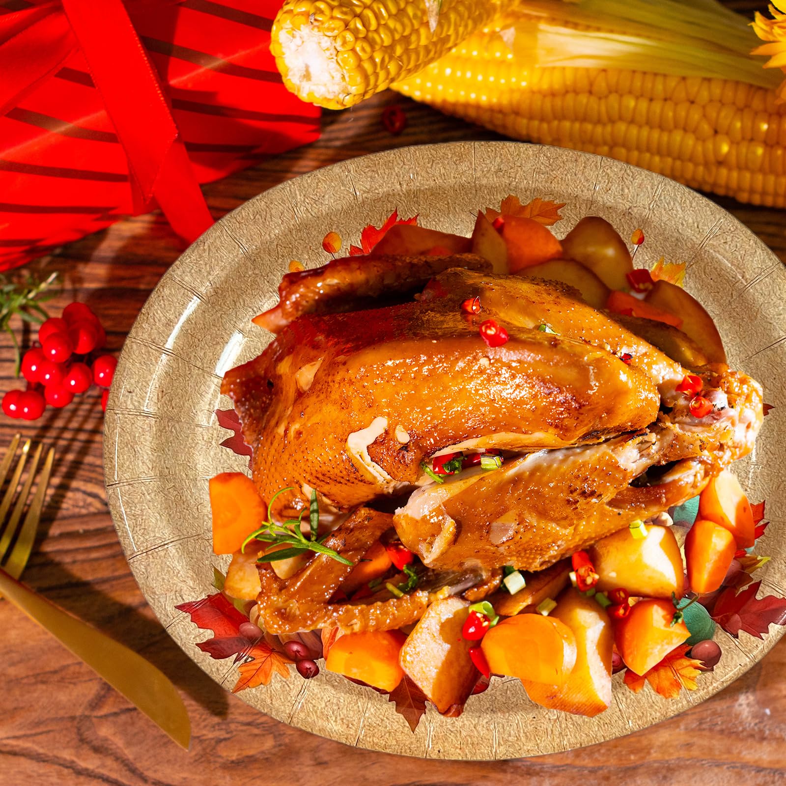GLMFAD Thanksgiving Paper Plates Disposable Oval 24Pcs Large Turkey Thanksgiving Plates Table Decor 10 x 12 Fall Leaves Dinn