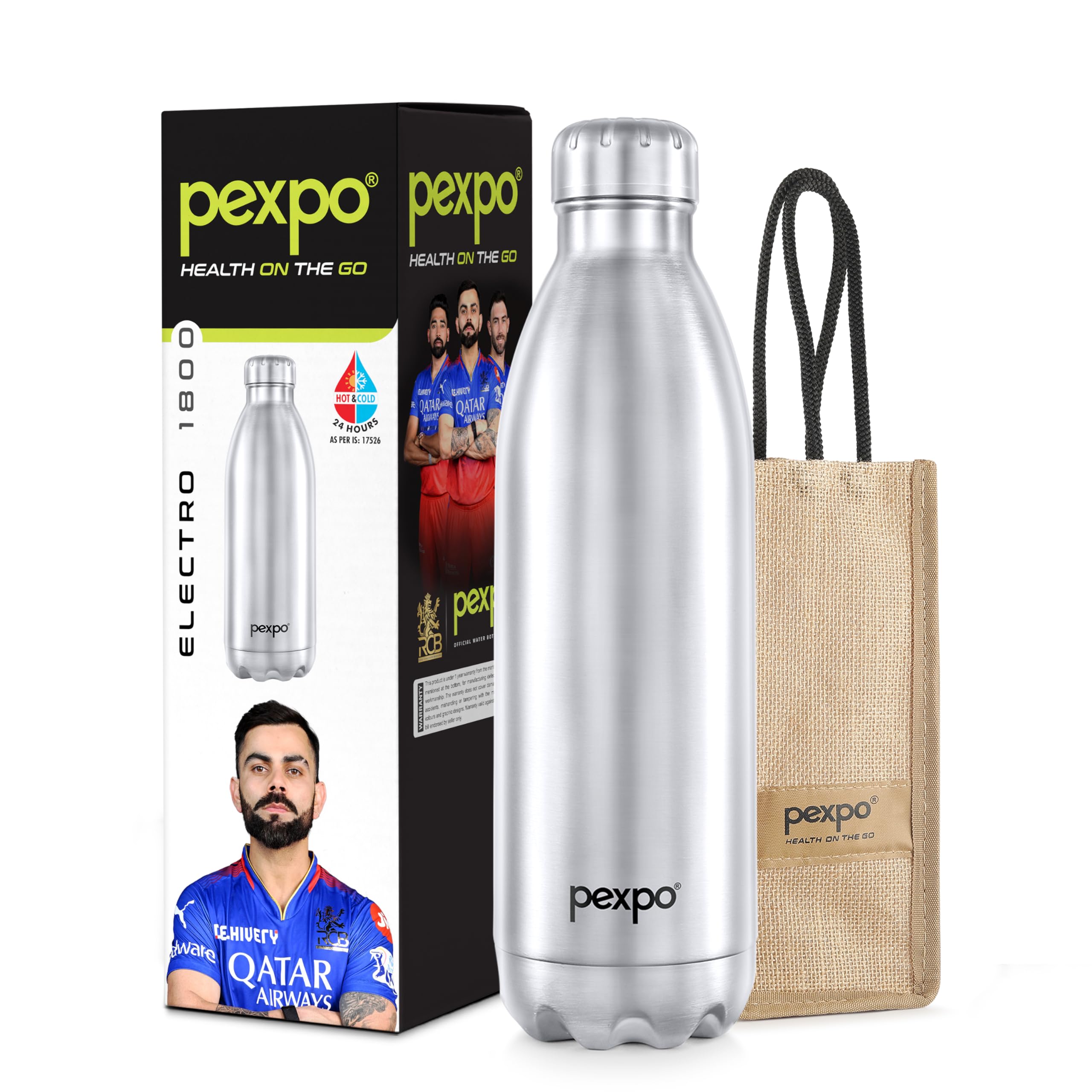 Pexpo Electro Pro Hot & Cold Isi Certified With Jute Bag | Stainless Steel Water Bottle  1800Ml Silver | Thermoflask | Office B