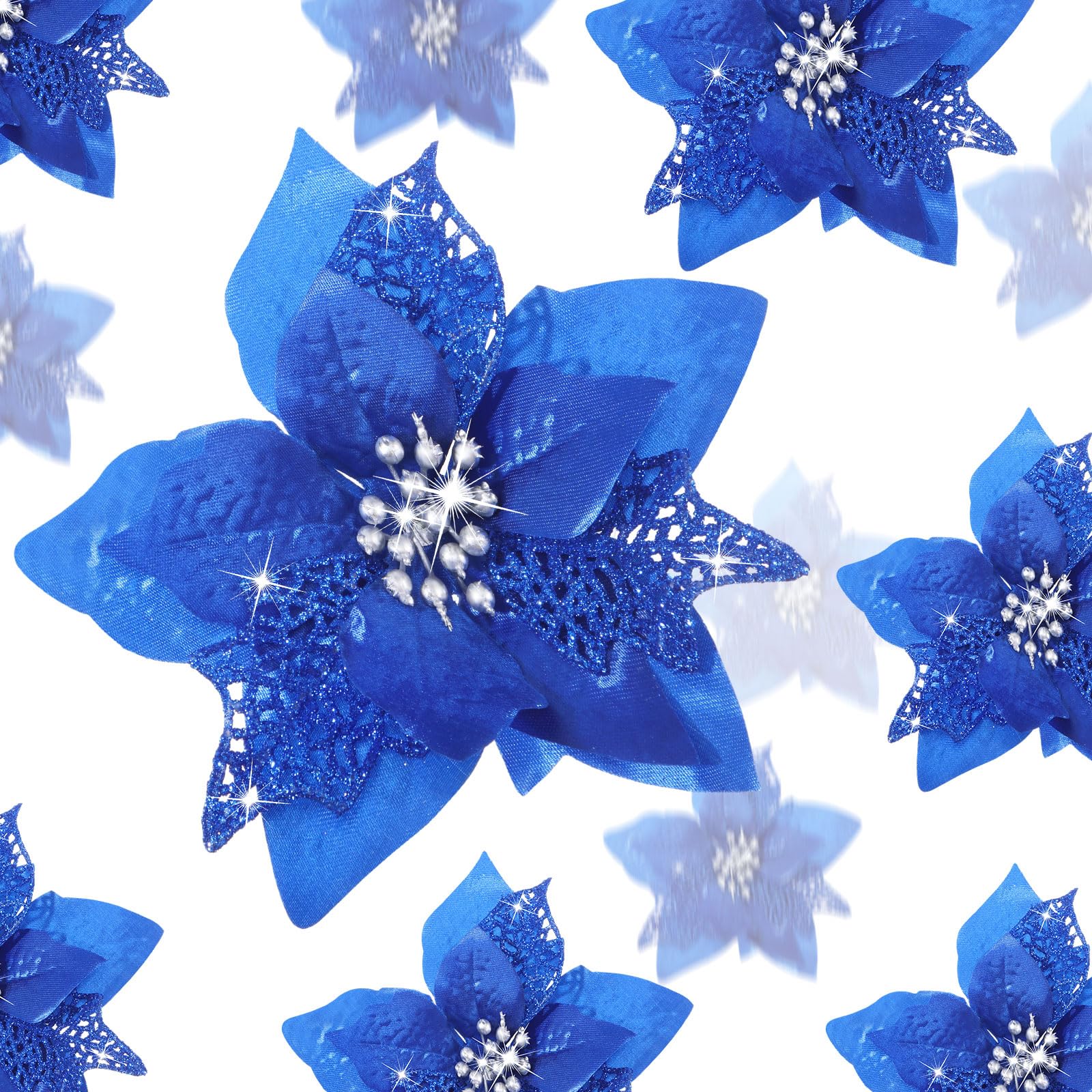 Boao 24 Pieces Christmas Artificial Glitter Poinsettia Flowers Xmas Flowers Wedding Christmas Tree New Year Ornaments(Royal Blue