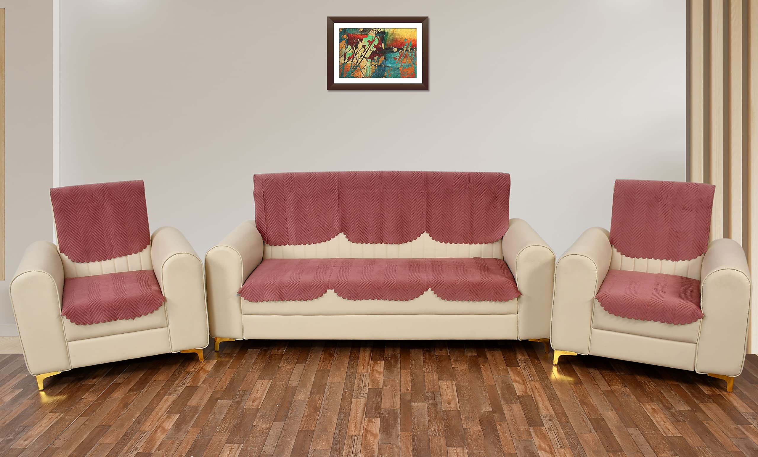 Yellow Weaves Velvet 5 Seater Quilted Sofa Cover And Chair Cover, Seat & Back Cover, Color - Rose Gold