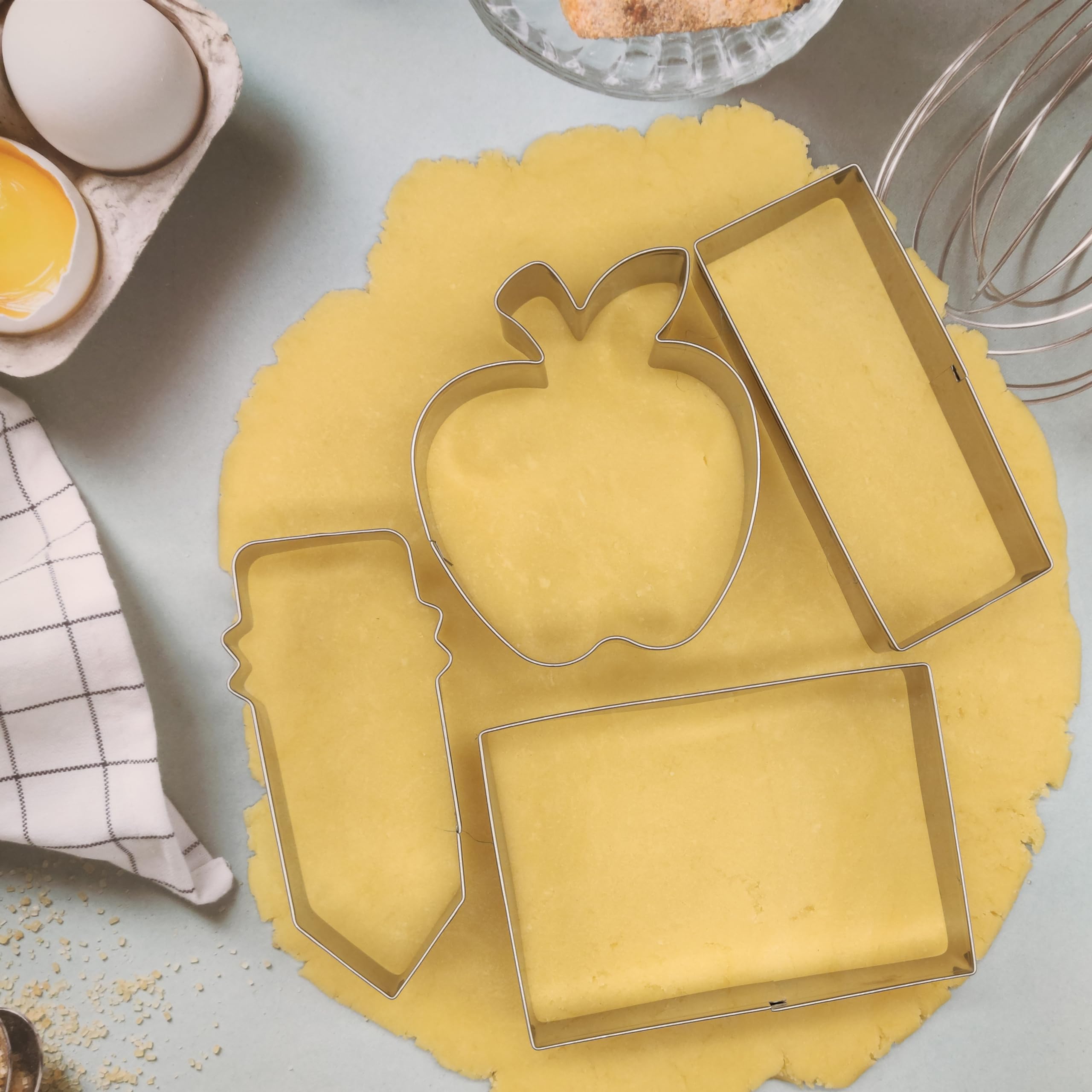 Back To School Cookie Cutters Set, 4Pcs Themed Shapes With Apple, Pencil, Ruler,Chalkboard Stainless Steel Biscuit Cutter