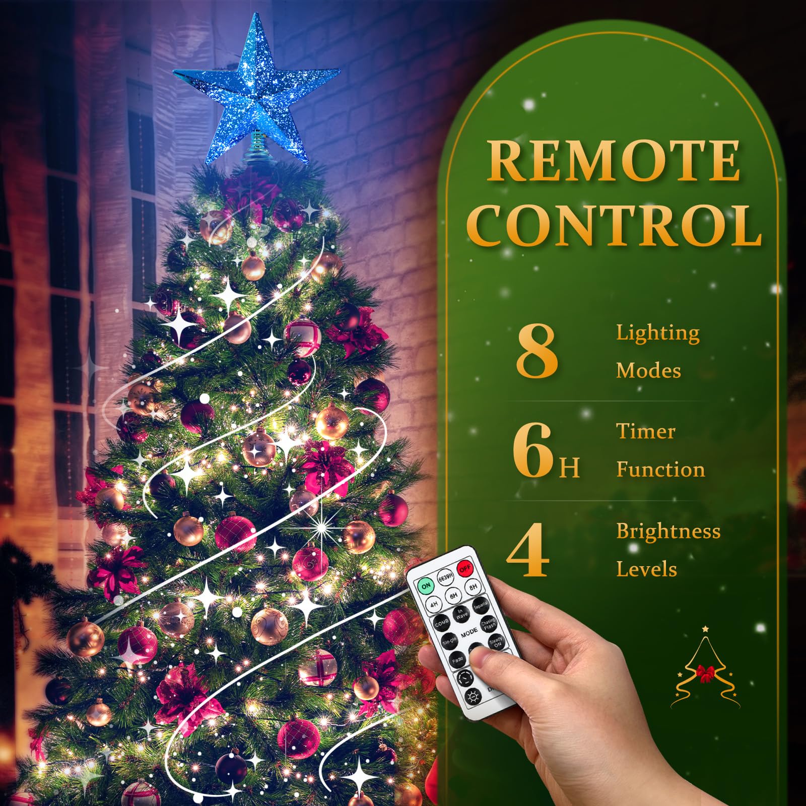 Blue Christmas Tree Star Topper with Lights, 8.5-Inch Light-Up Christmas Tree Topper with Remote Control, 4 Brightness Levels &