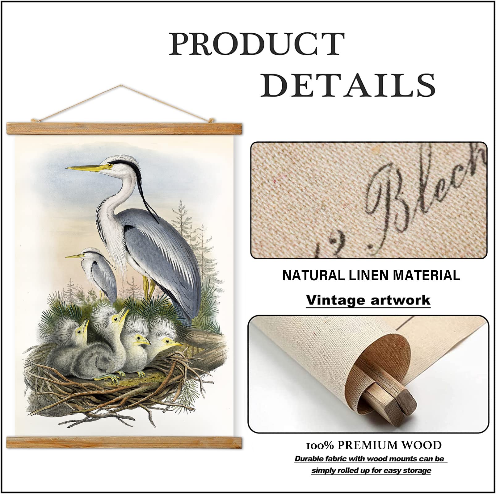 Vintage Waterbird Poster, Rustic Room Aesthetic, Retro Wall Art Prints Without Fading, Printed On Linen With Wood Frames, Ready