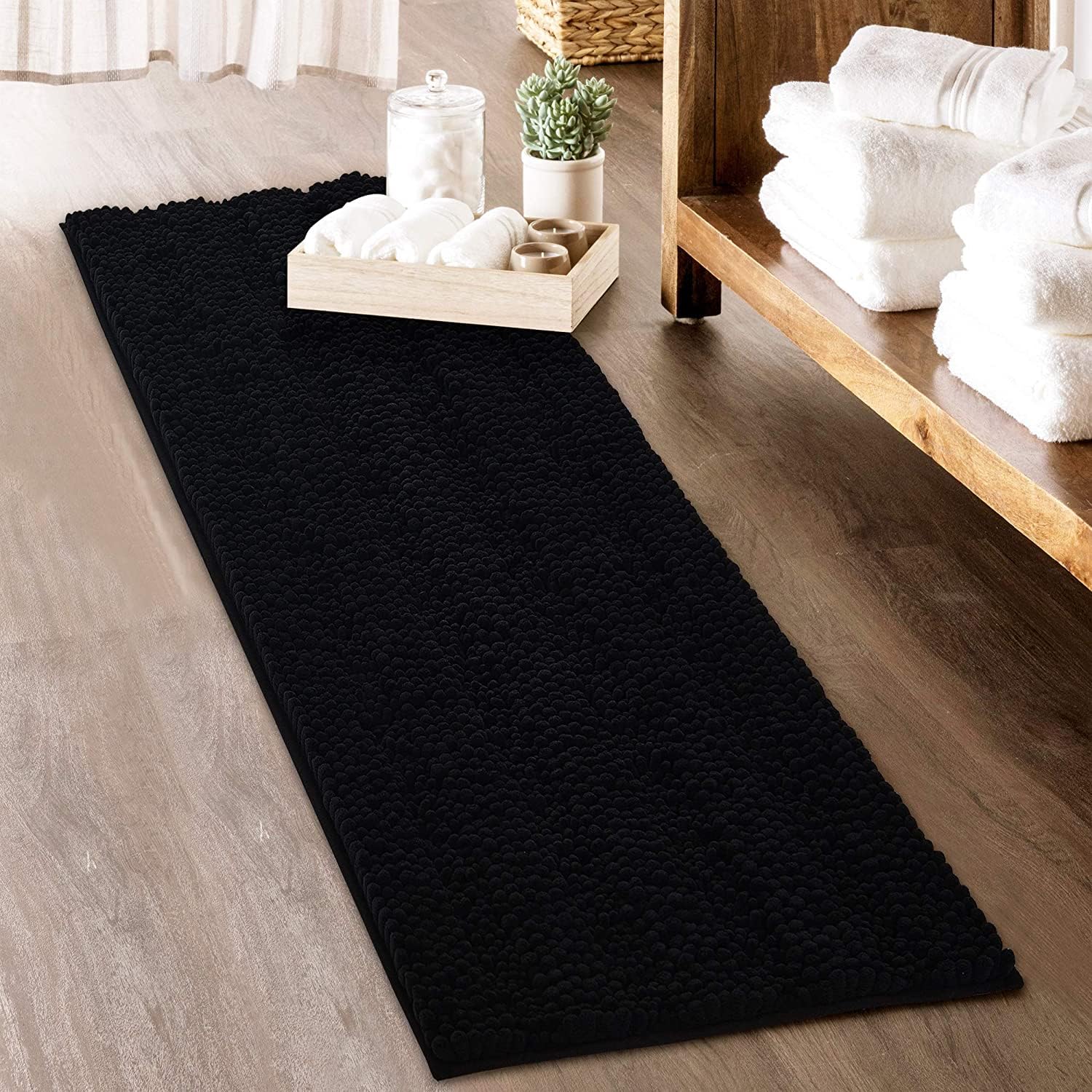 Black Bath Mat - Large Soft Bathroom Rugs Non-Slip Thick Shaggy Floor Cover Water Absorbent Quick Drying Shower Carpet For Toile