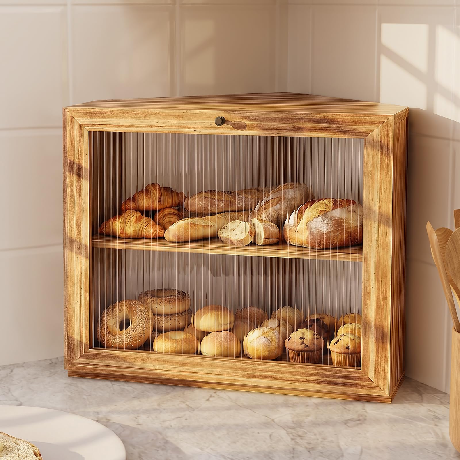Yoimori Corner Bread Box for Kitchen Countertop, Large Capacity Bread Storage Container for Homemade Bread, SpaceSaving Bread H