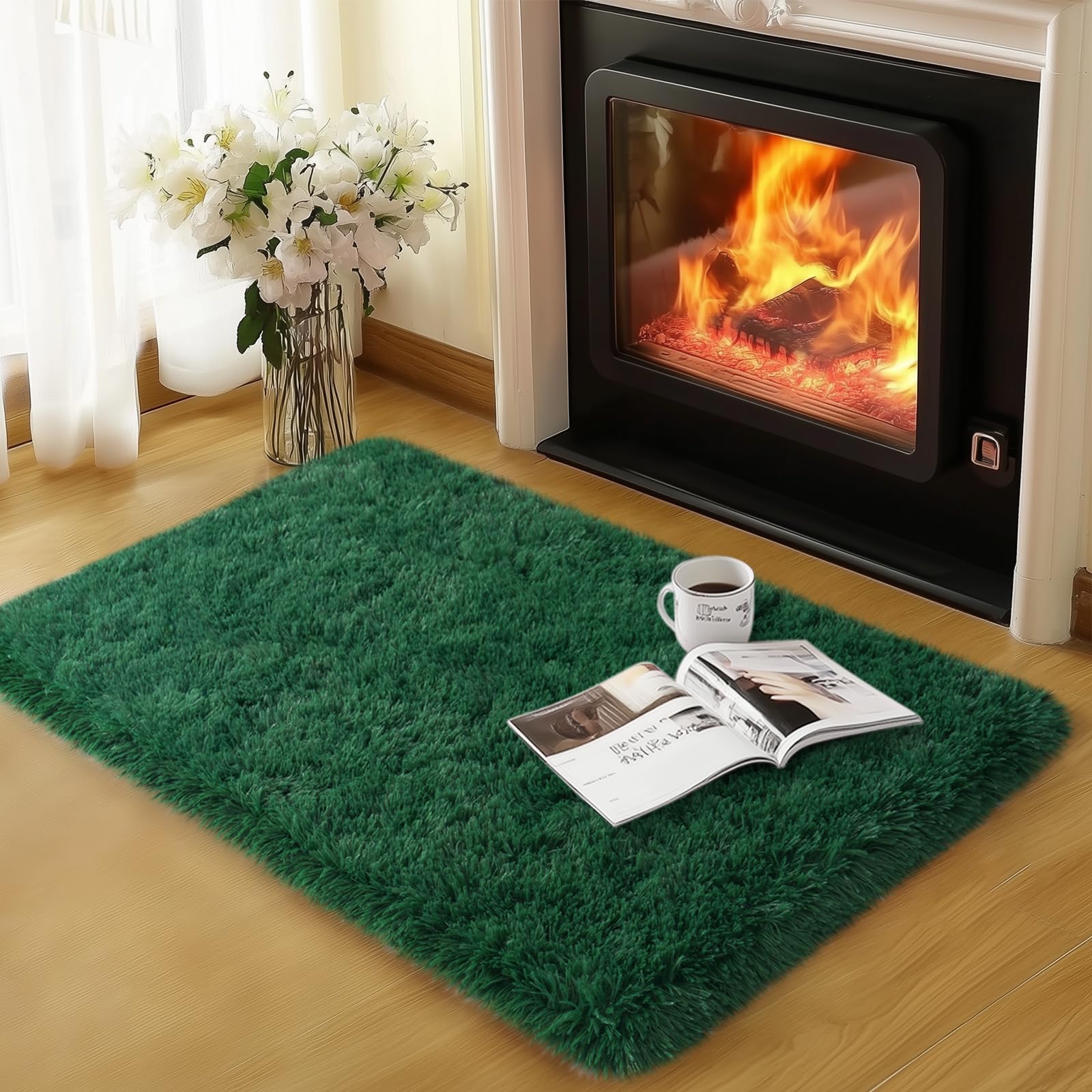 qulint Green Rug for Bedroom, Soft Fluffy 2x3 Area Rug for Living Room Shag Fuzzy Small Carpet for Kid Room, Plush Shaggy Alfomb