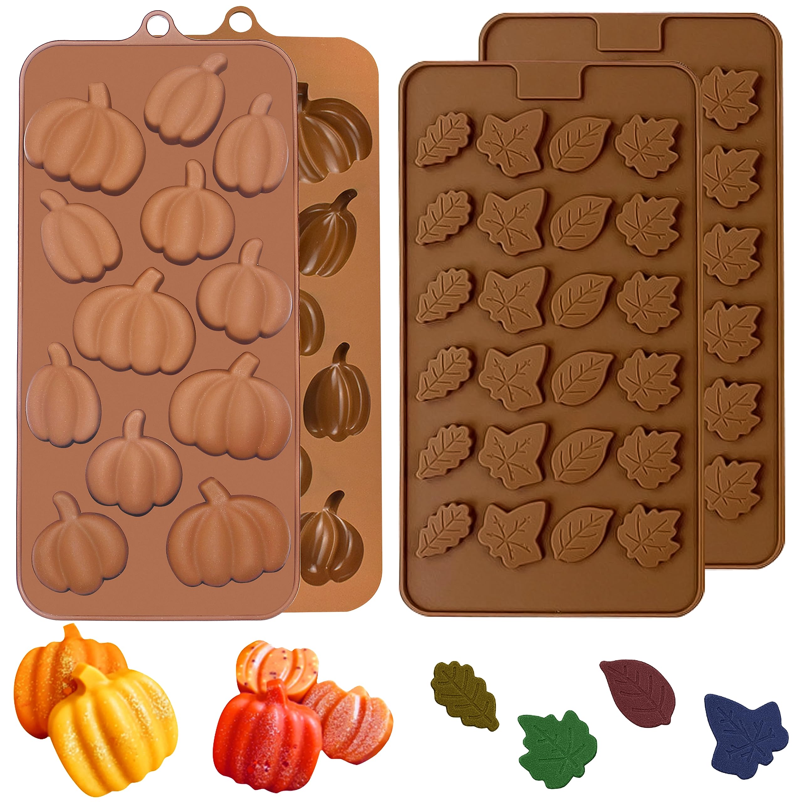 Eduee Fall Chocolate Molds 4 Pieces Silicone Pumpkin Candy Mold Maple Leaf Shaped Fondant Molds For Thanksgiving Halloween Autum