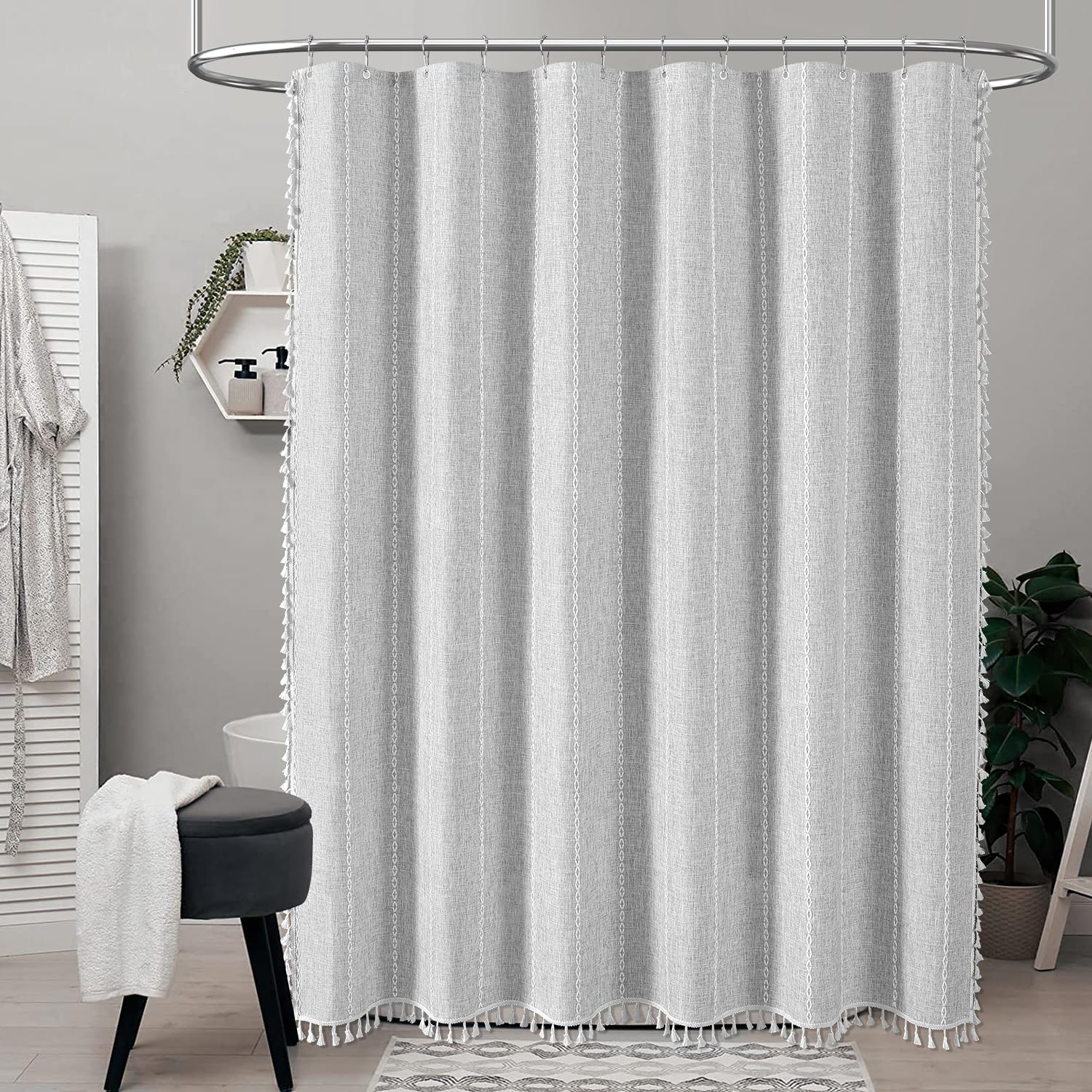 Bttn Gray Boho Farmhouse Shower Curtain, Linen Rustic Weighted Striped Fabric Shower Curtain Set With Tassel, Water Repellent, B