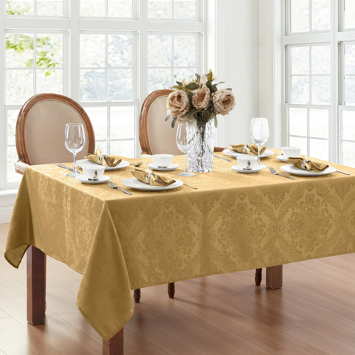 Elrene Home Fashions Caiden Elegance Damask Fabric Tablecloth, 60'' X 120'' Oblong/Rectangle, Gold