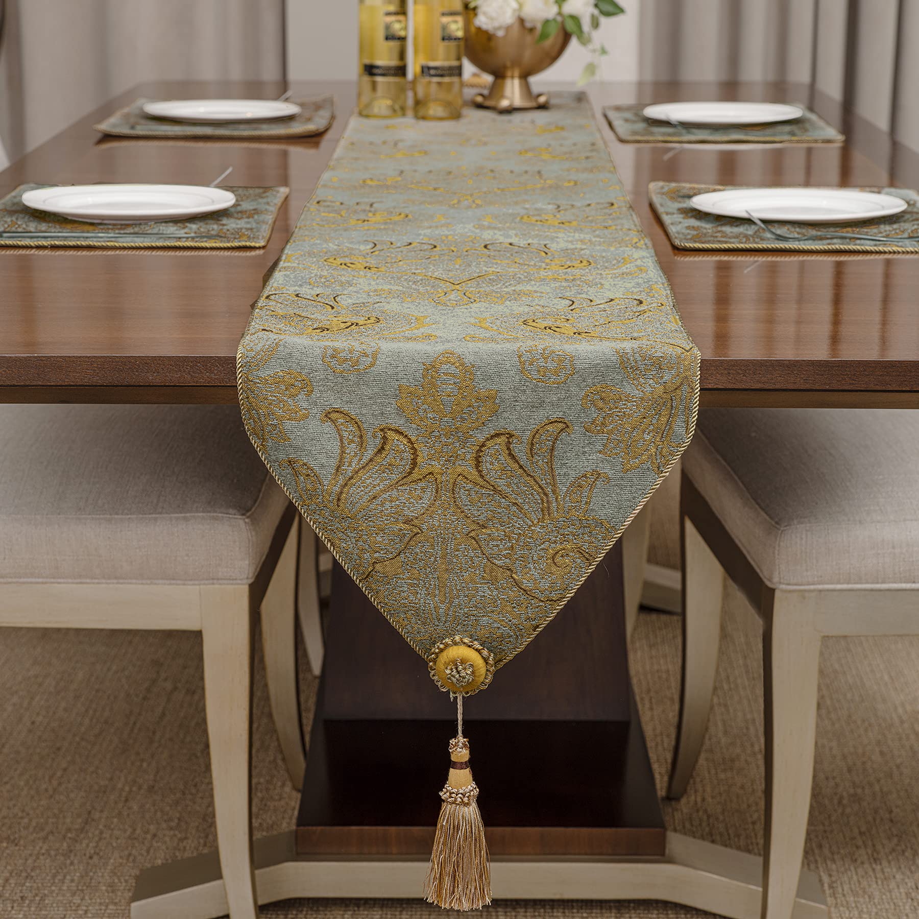 Loom And Mill Luxury Thick Chenille Table Runner, Modern Damask Jacquard Table Runners With Handmade Tassels For Dining Room Dre