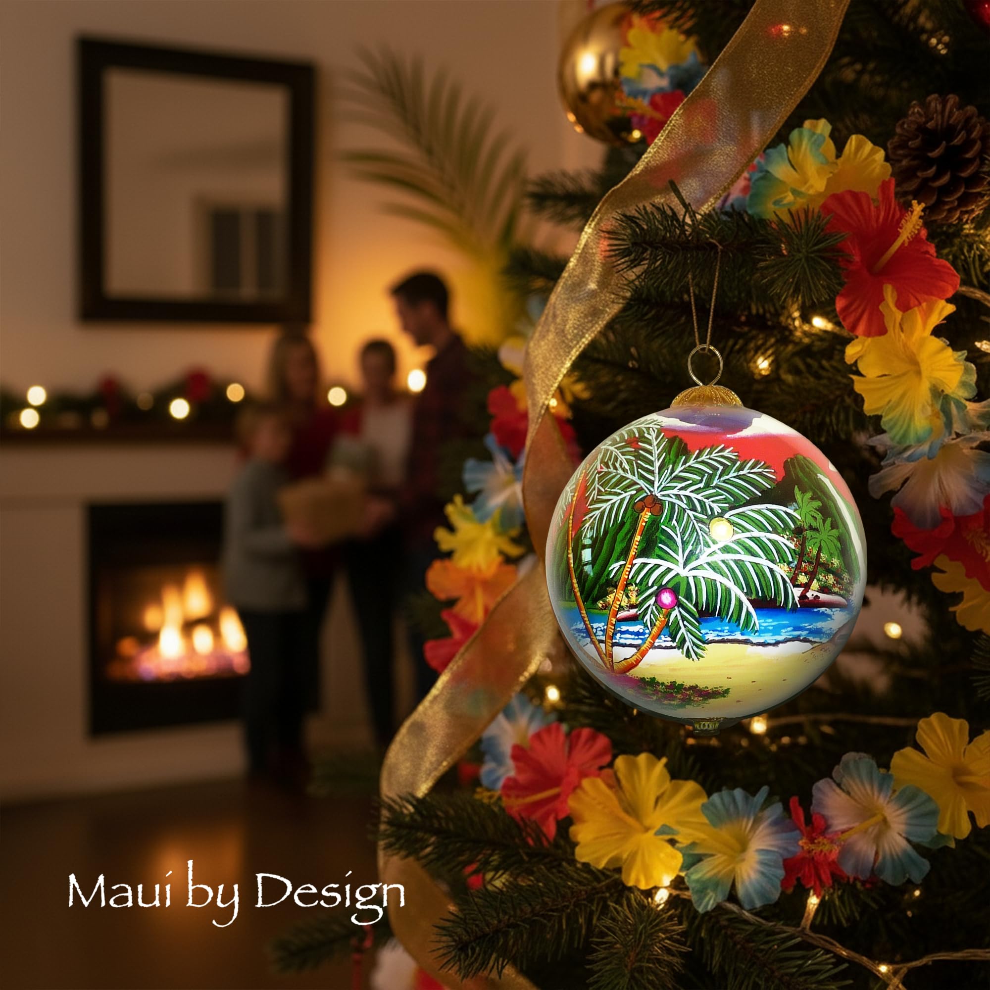 Collectible Hawaiian Santa Christmas Hand-Painted Glass with Gift Box Ornament MK/H