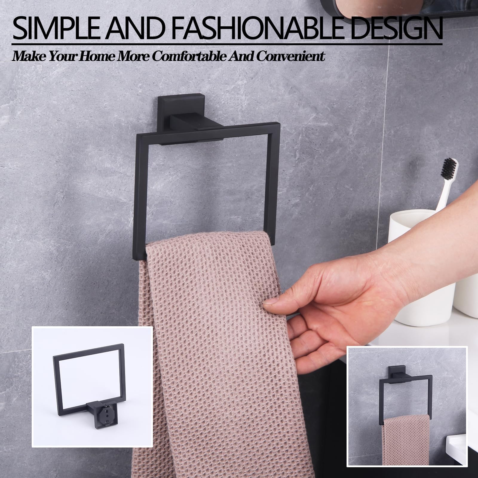 GERZWY Modern Black Towel Holder SUS304 Stainless Steel Towel Hanger Towel Ring for Bathroom Lavatory Wall Mount Contemporary Style JG1906-BK