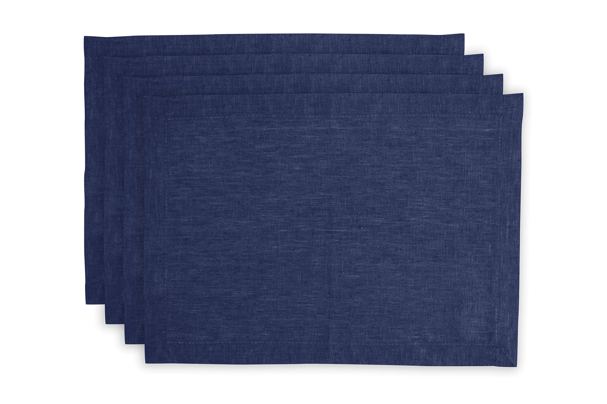 Solino Home Linen Placemats Chambray Navy - 100% Pure Linen Hemstitch Tablemats 14 X 19 Inch - Milan Set Of 4 Placemats For Memo