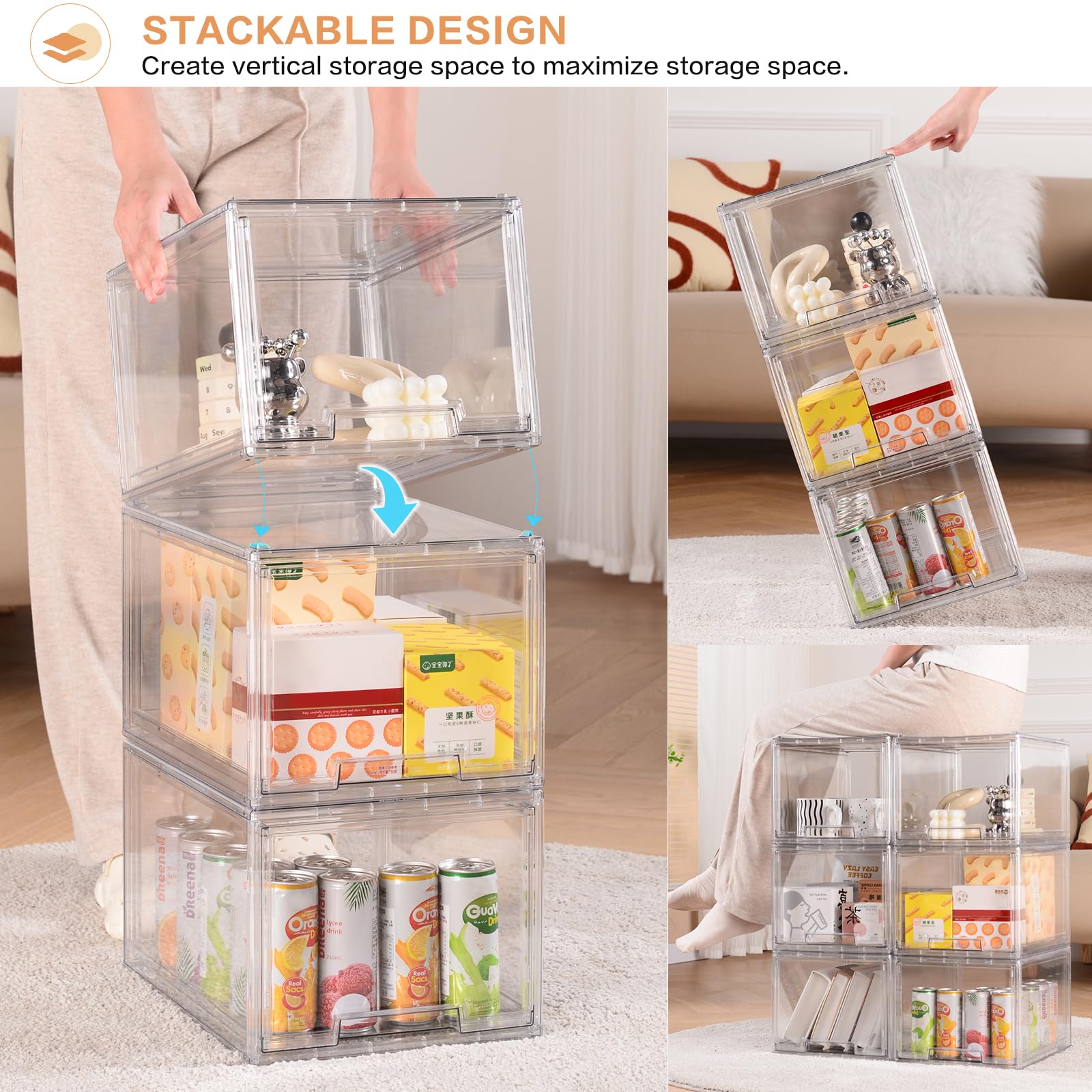 3 Packs Plastic Stackable Storage Drawers, Dilibra Clear Storage Bins Organizer With Pull Out Drawer For Kitchen Cabinet Pantry