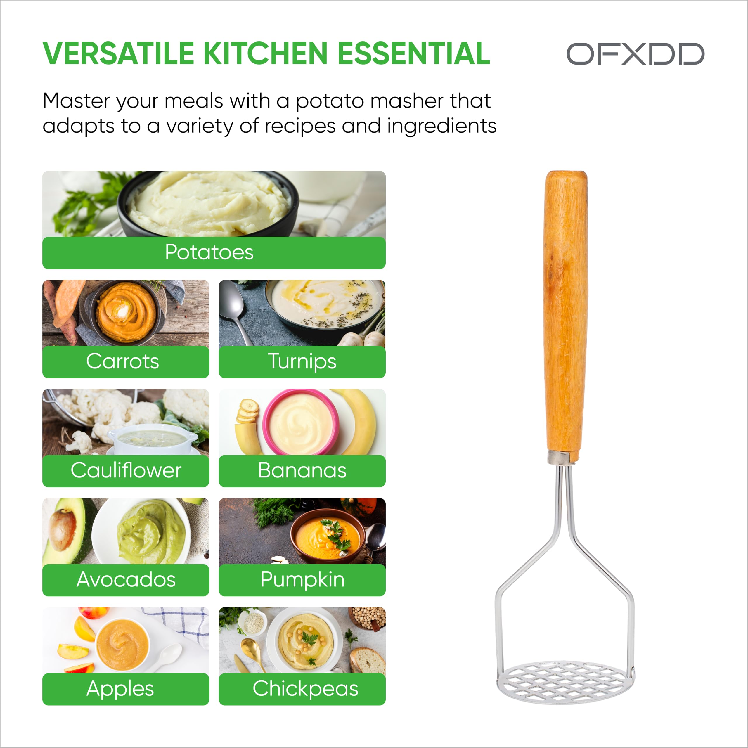 Stainless Potato Masher for Kitchen - Food Steel Masher - Single Handle Fruit Smashers - Heavy Duty Chickpea Smasher - Utensil for Mashed