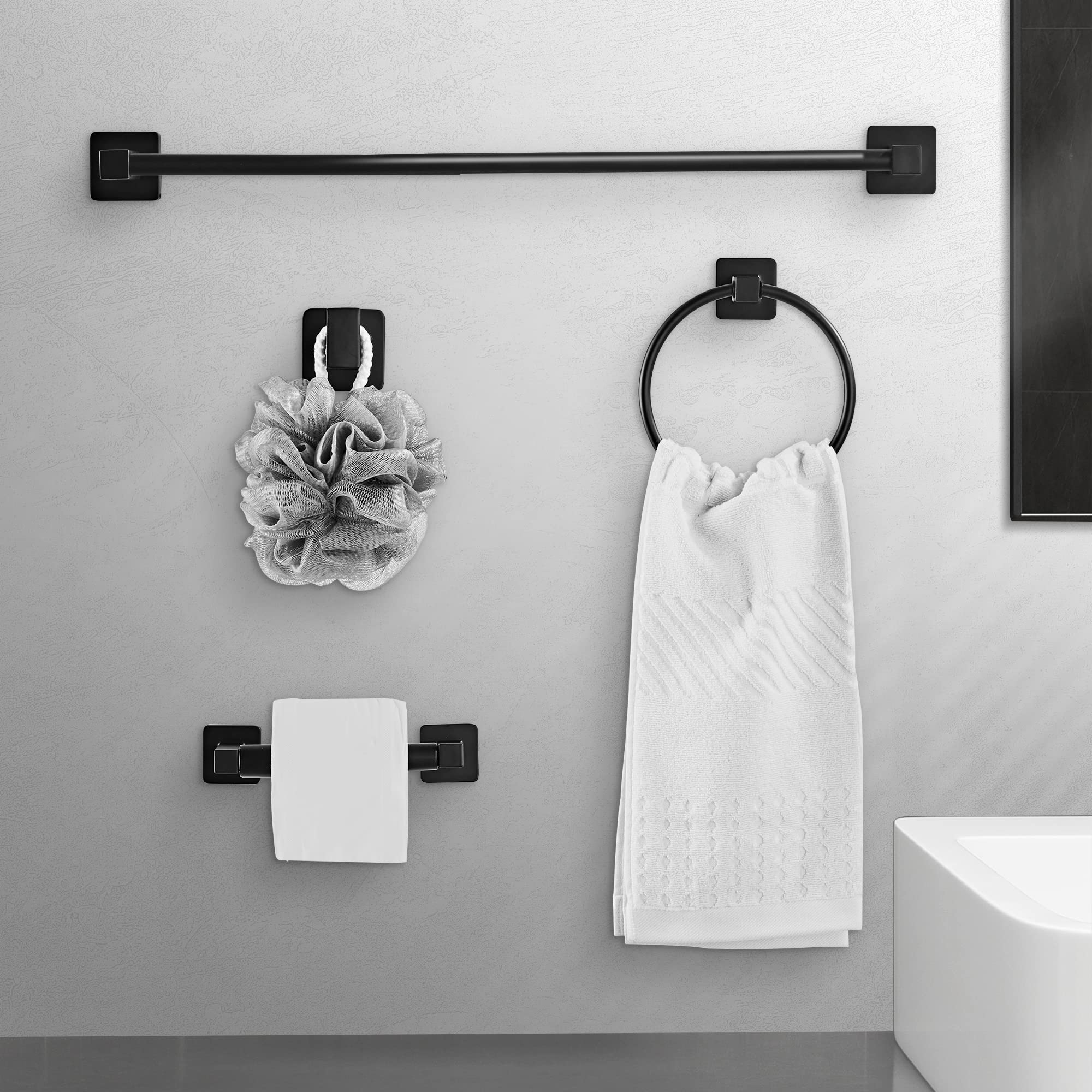 Matte Black Bathroom Hardware Set 4 Pieces Bathroom Accessories Set Stainless Steel Wall Mounted  Hand Towel Bar  Towel Ring  Robe Towel Hooks Toilet Paper Holder Towel Bar Set  23.6 Inch