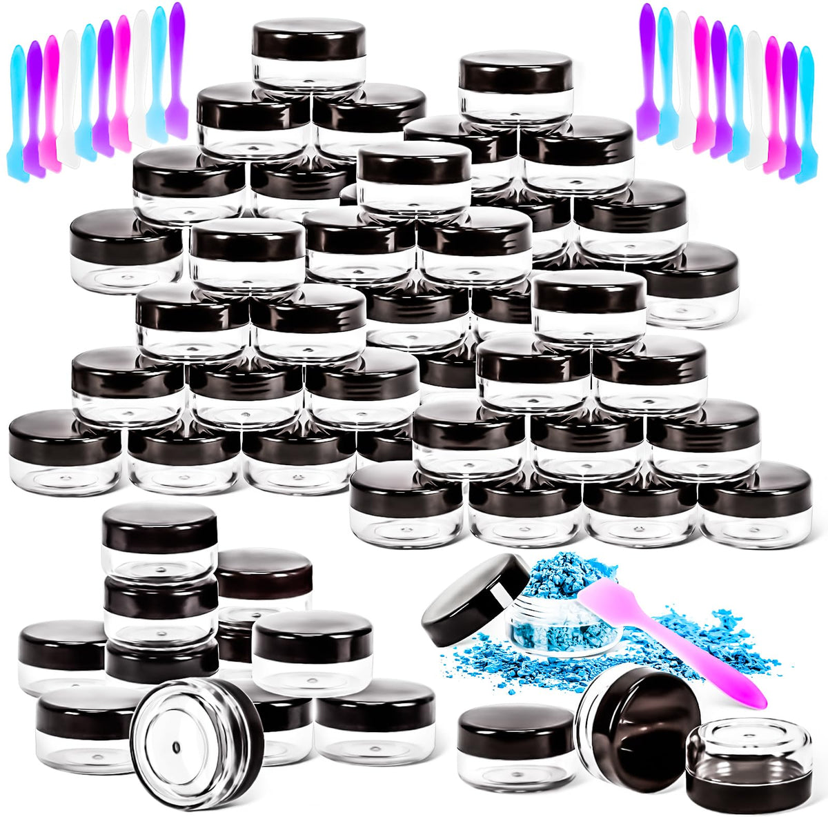 Motbach 50Pcs 10G Empty Sample Containers With Black Lids,Refillable Makeup Sample Containers, Small Sample Pot Jars Travel Make