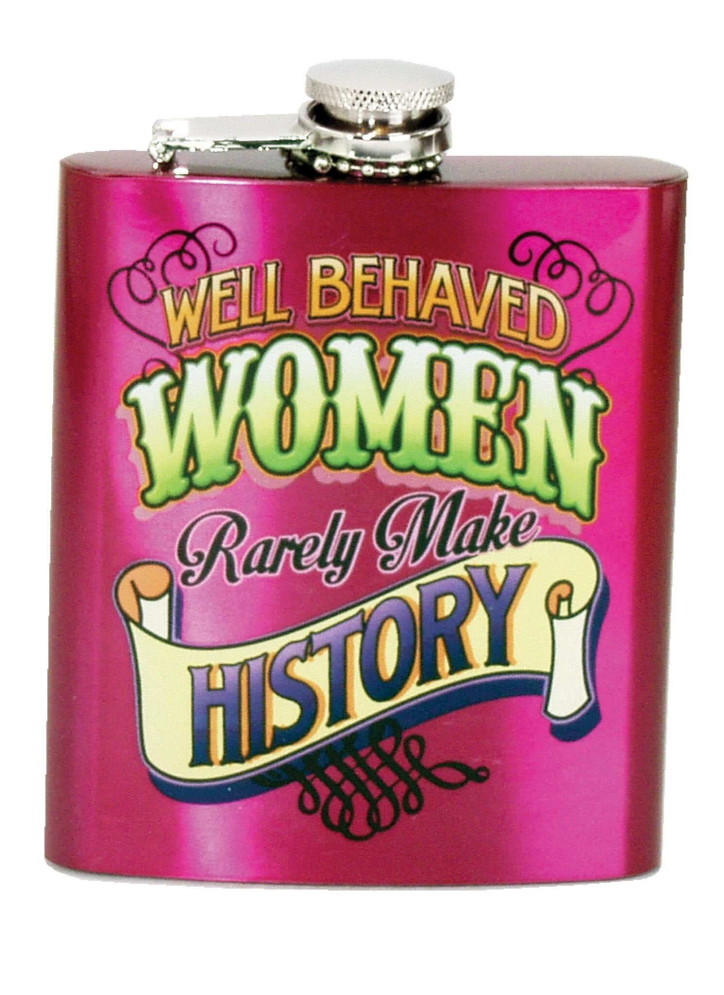 Spoontiques Well Behaved Women Stainless Steel Flask, Fuchsia, 7 ounces