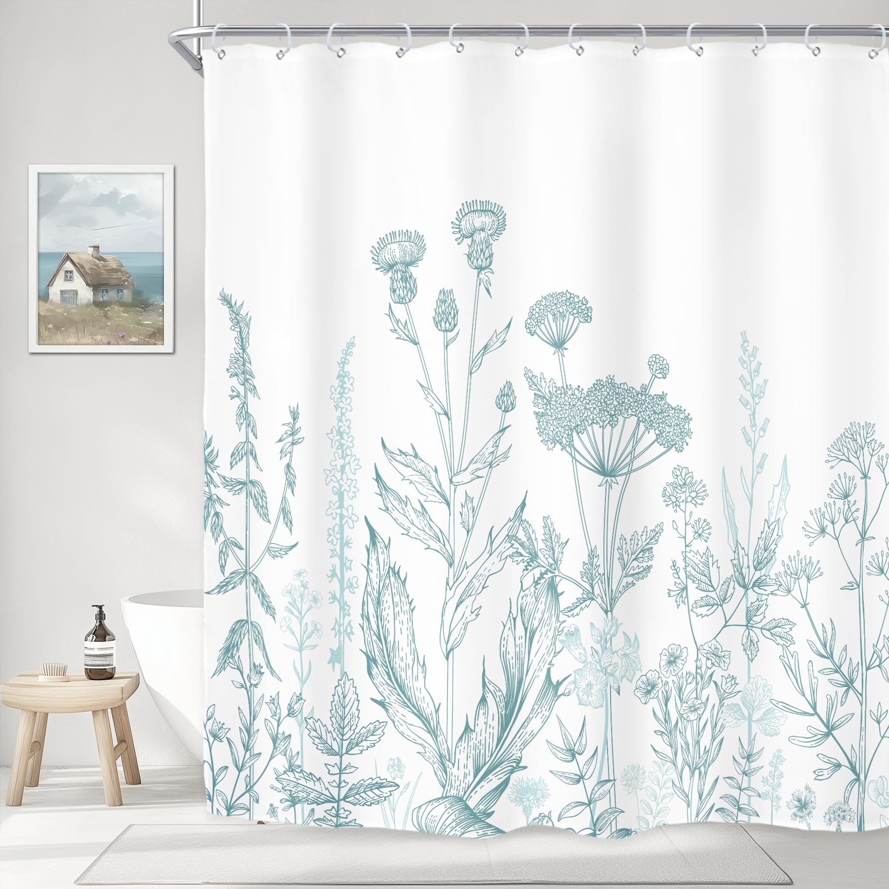 Riyidecor Teal Blue Floral Wildflower Shower Curtain For Bathroom Decor 72Wx72H Rustic Botanical Plant Leaves Farmhouse Spring N