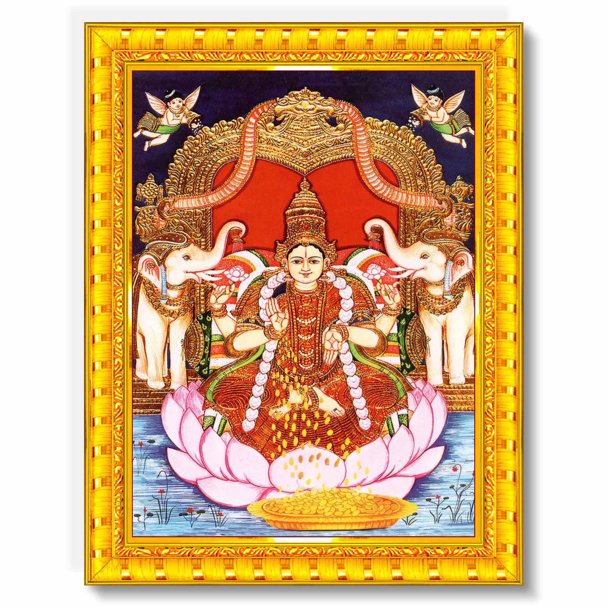 Pavan Photo Laminations Goddess Lakshmi Devi Vaibhav Laxmi Tanjore Wall Painting Framed Home Decor (Wood,Matte,Gold,Small Size,6