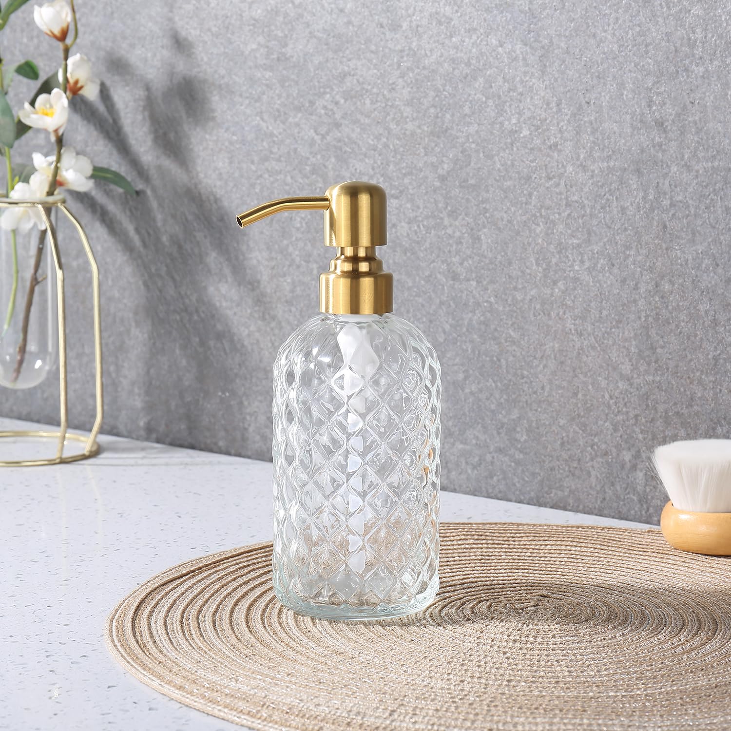 Tutew Glass Gold Bathroom Soap Dispenser,16 Oz Glass Dish Soap Dispenser With Rustproof Stainless Steel Gold Pump, Brushed Gold