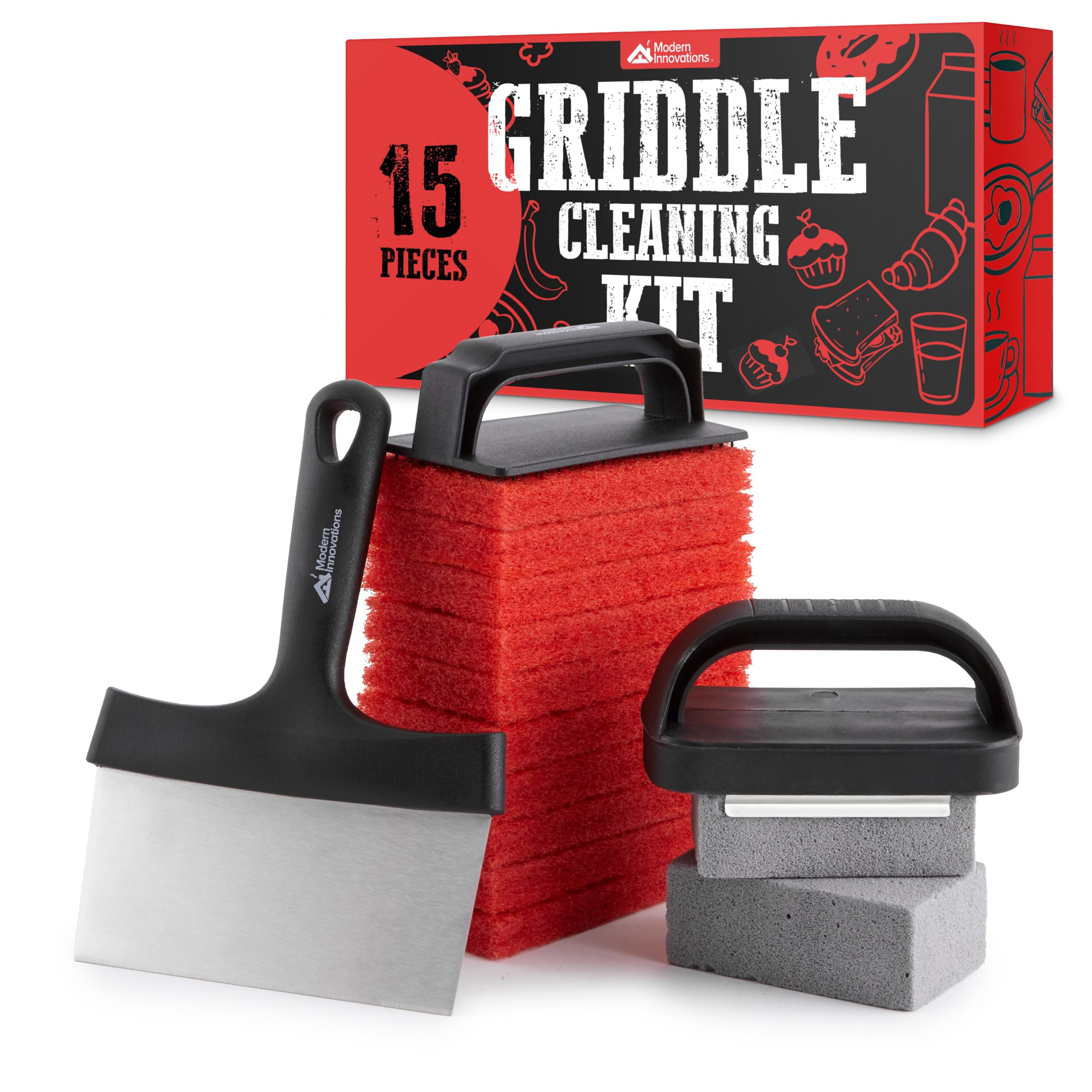 15-Piece Griddle Cleaning Kit, 10 Scouring Pads, 2 Grill Stone Bricks, 1 Indoor Grill Scraper, 2 Handles, Griddle Cleaner Kit Fo