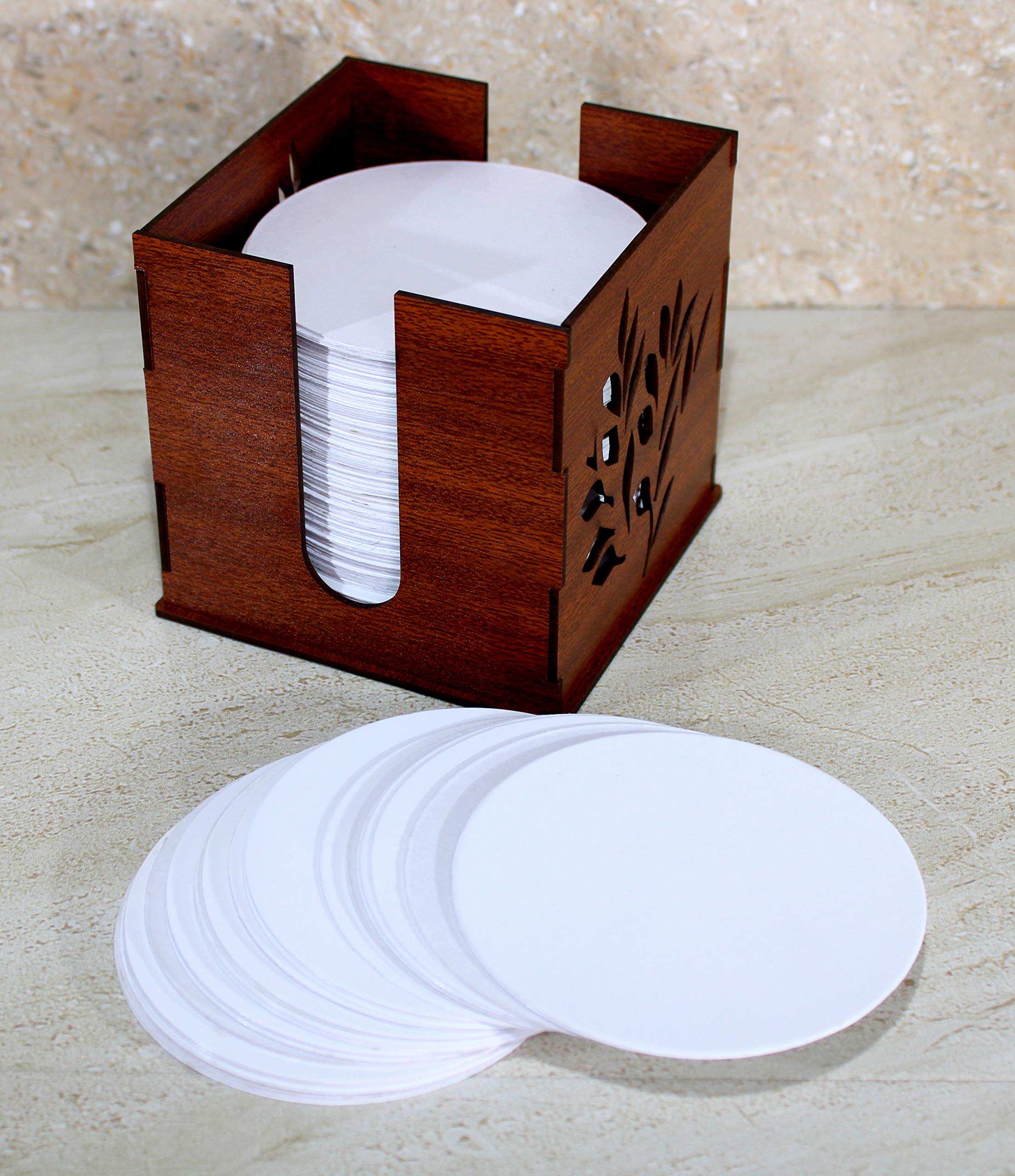 Esplanade Disposable Paper Coasters With Wooden Stand - Use And Throw Reversible Round Paper Coasters - Set Of 500 - White