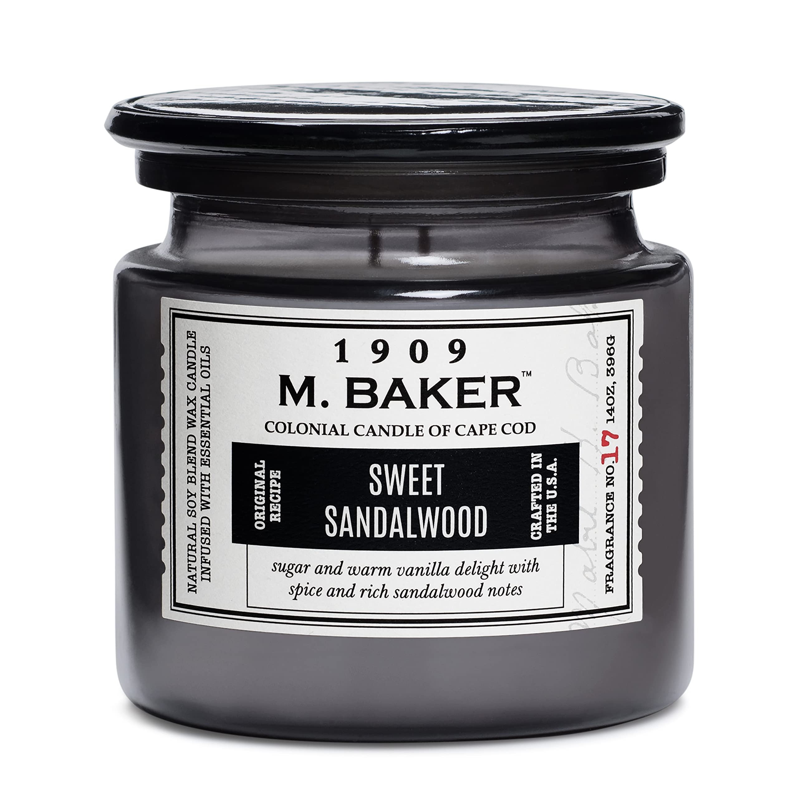 M. Baker by Colonial Candle Scented Apothecary Glass Jar Candle, Sweet Sandalwood, Natural Soy Wax Blend, 14 Oz, Two Premium Cot