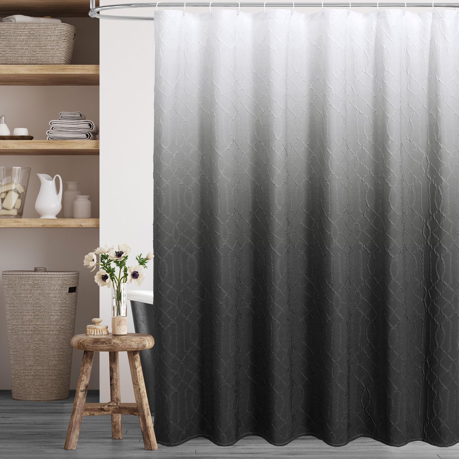 Gibelle Ombre Black Shower Curtain For Bathroom, 3D Embossed Geometric Textured Fabric Shower Curtain Set With Hooks, Modern Far