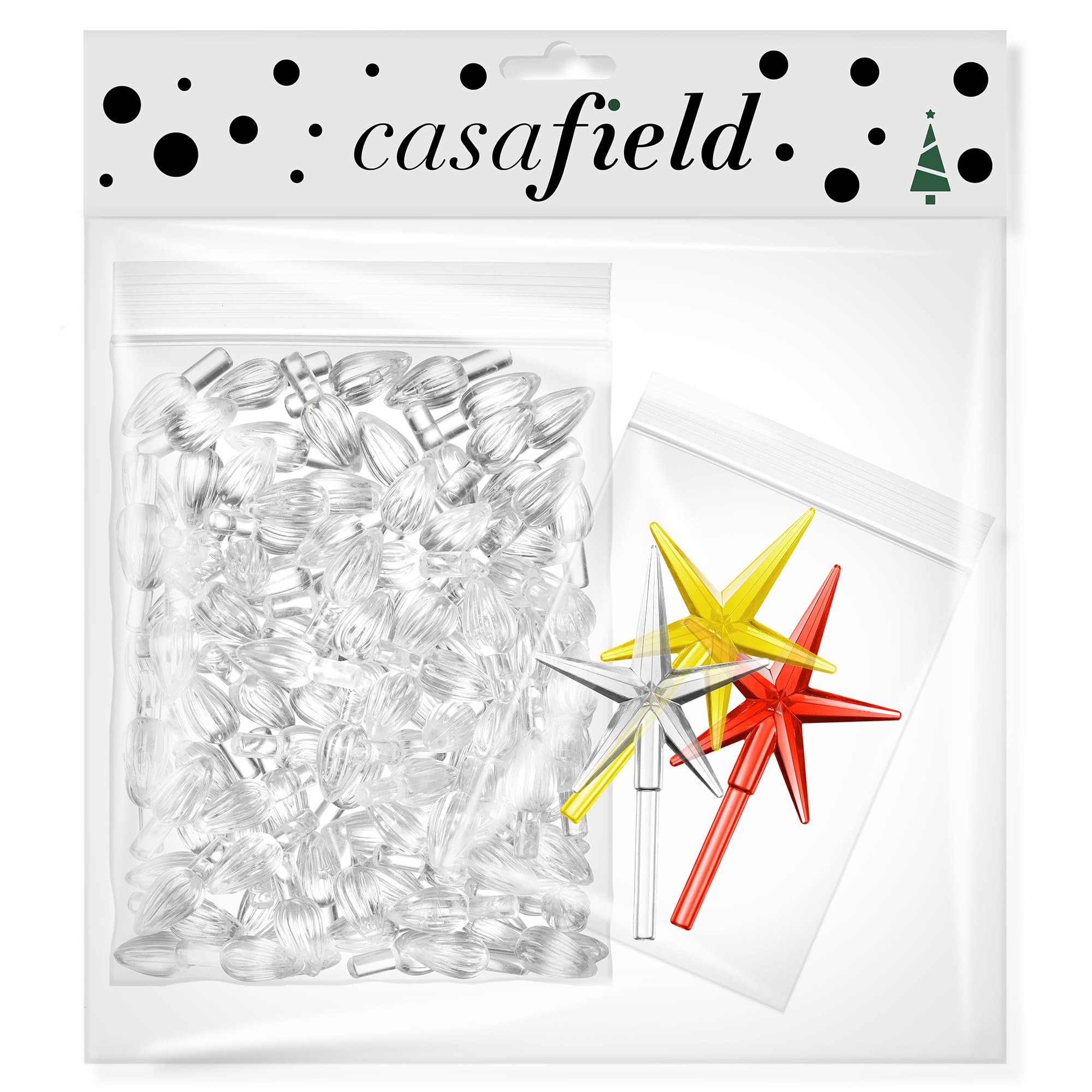 Casafield Ceramic Christmas Tree Replacement Lights - 108 Crystal Clear Bulbs and 3 Star Toppers