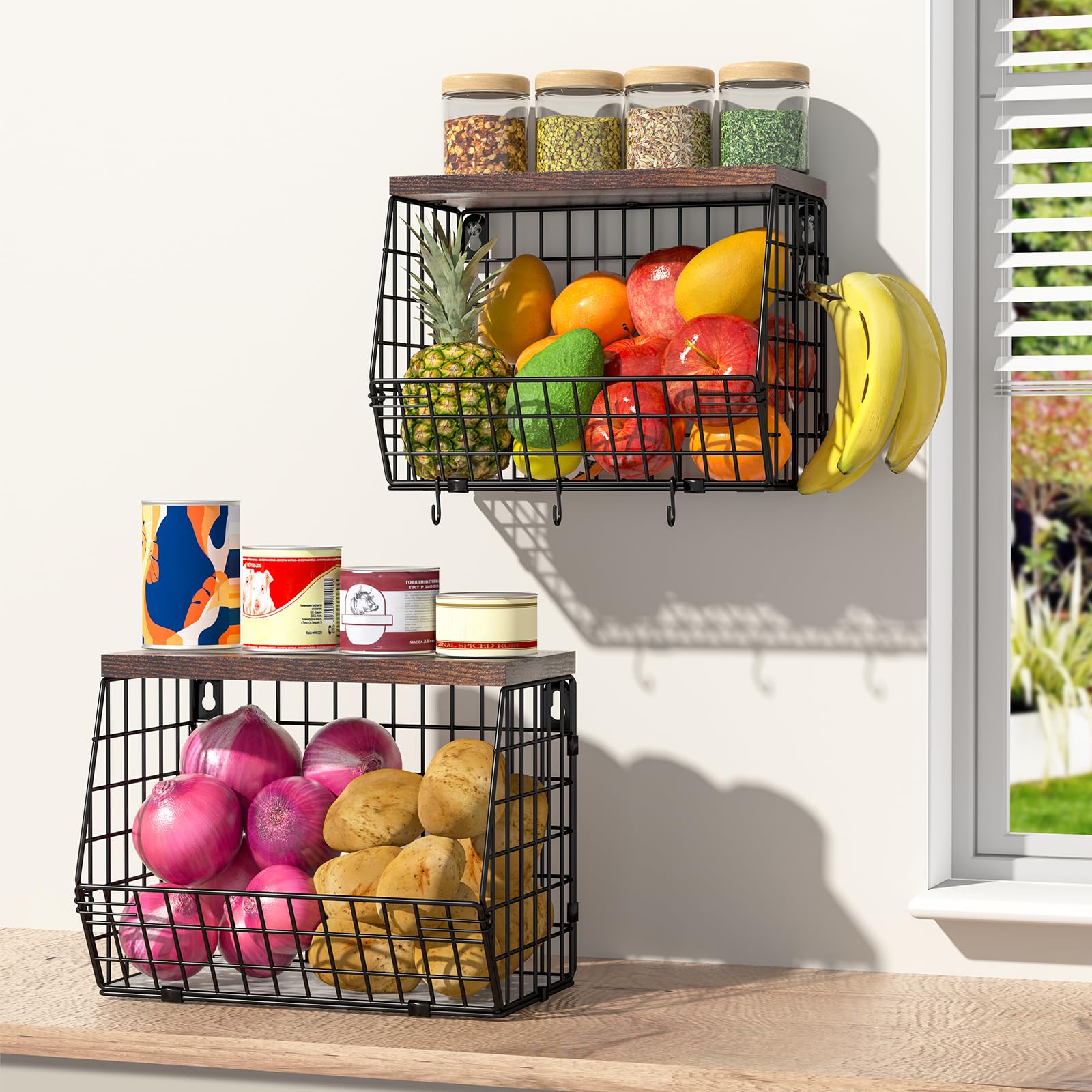 Wawocs 2 Tier Fruit Bowl Fruit Basket for Kitchen Counter Stackable Wall Mounted Hanging Basket Wire Baskets with Wood Lid with 