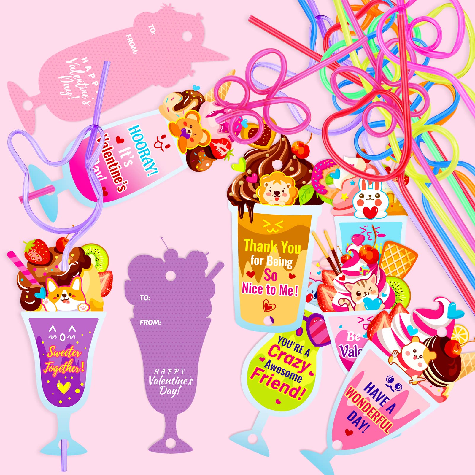 Qpout 32 Pack Valentines Day Cards For Kids,Funny Gift Cards With Loops Reusable Drinking Straws For Boys Girls Classroom Exchan