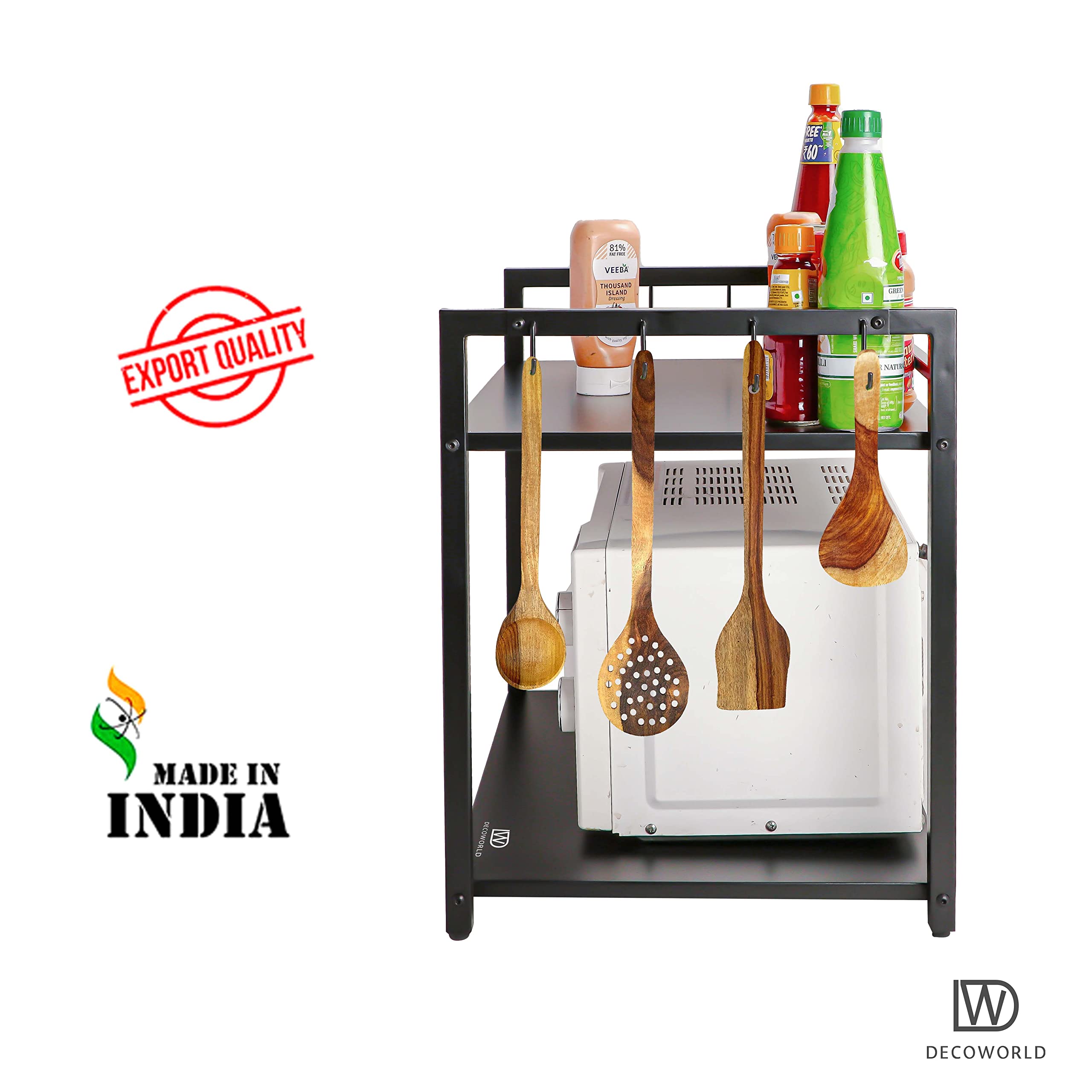 DECOWORLD || Metal Microwave Stand || Microwave & OTG Stand for Kitchen Counter|| Double Platform for Extra Storage with Hooks||