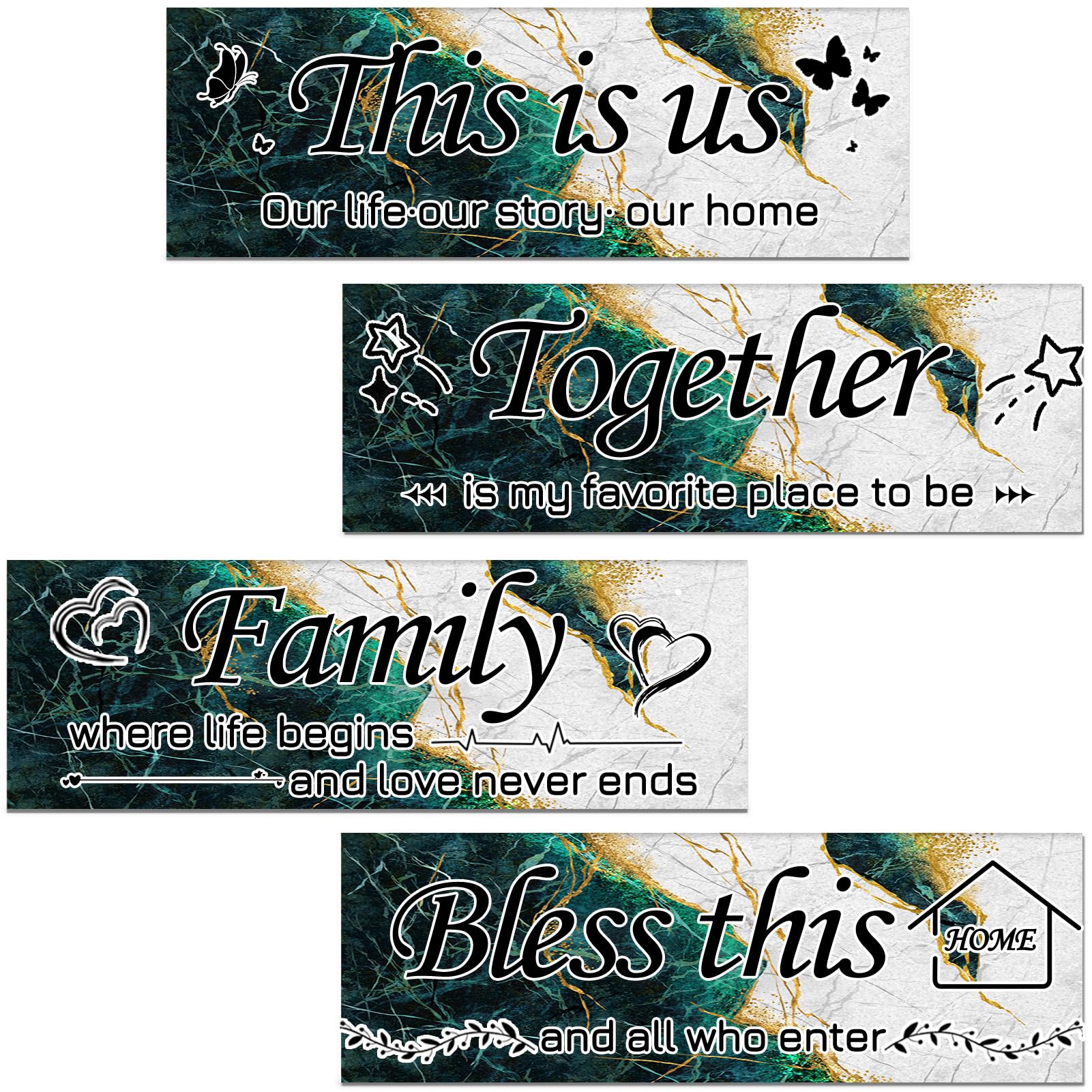 Lnond 4 Pieces Green White Marble Living Room Wall Decor, Motivational Home Family Rustic Wall Art Decor for Bedroom Living Room