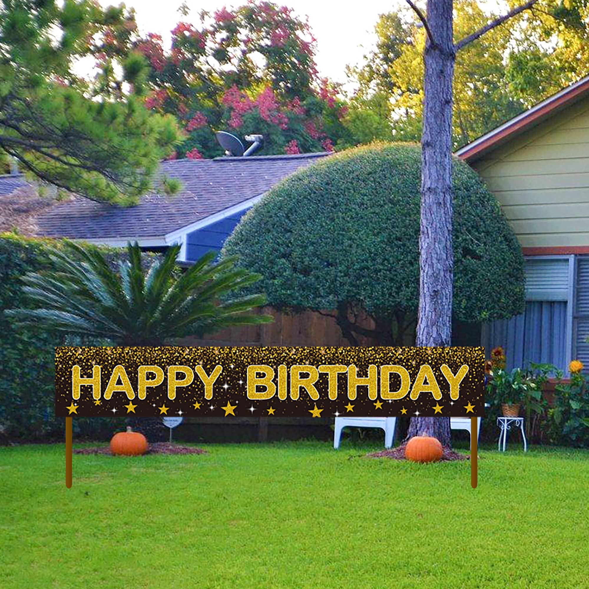 Ushinemi Happy Birthday Banner - Black And Gold Party Decorations Large Birthday Banner For Indoor And Outdoor, 9.8X1.6Ft