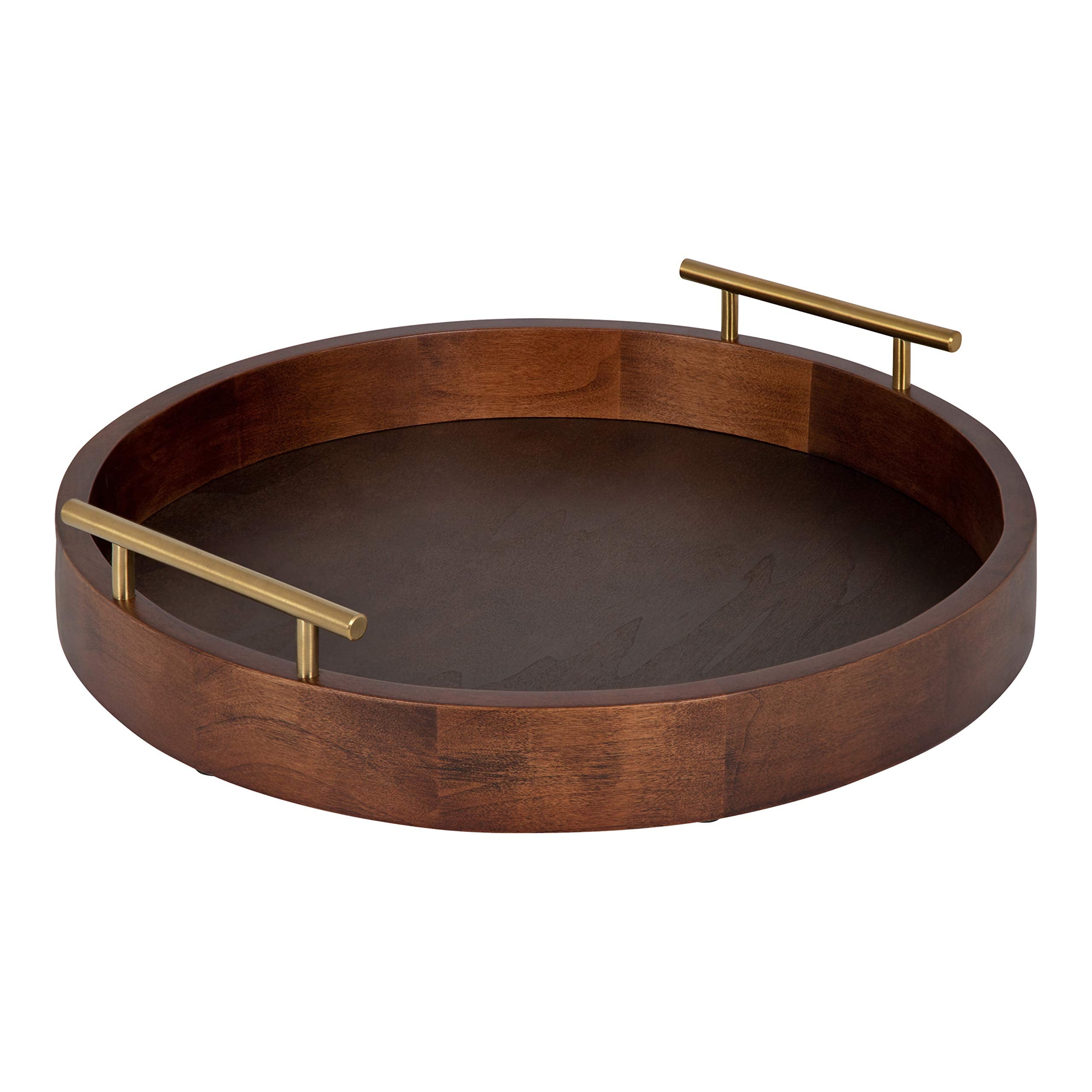 Kate And Laurel Lipton Modern Round Tray, 18, Dark Walnut and Gold, Decorative Accent Tray for Storage and Display