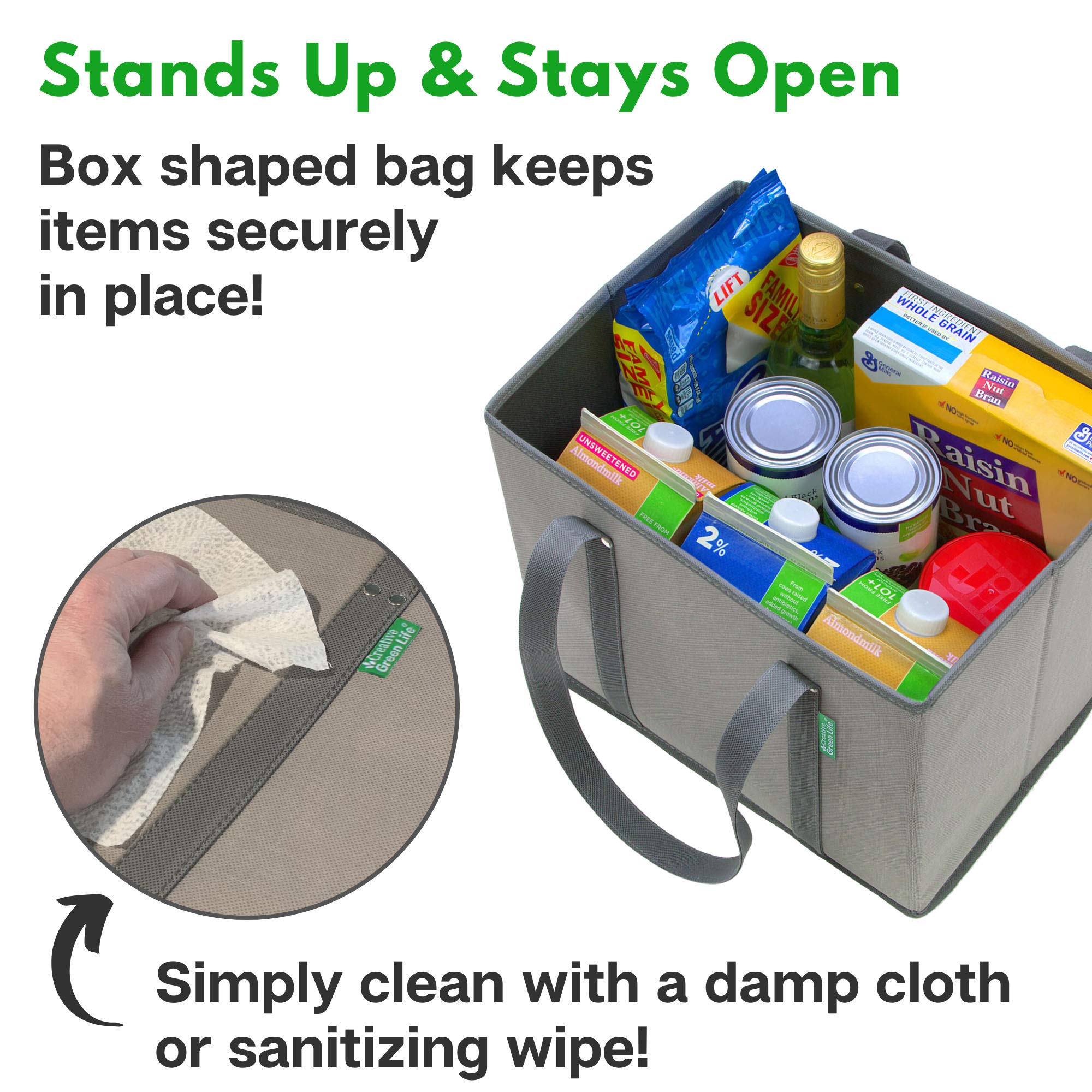 Creative Green Life Reusable Grocery Bags (3 Pack) - Heavy Duty Reusable Shopping Bags With Box Shape To Stand Up, Stay Open, Fo