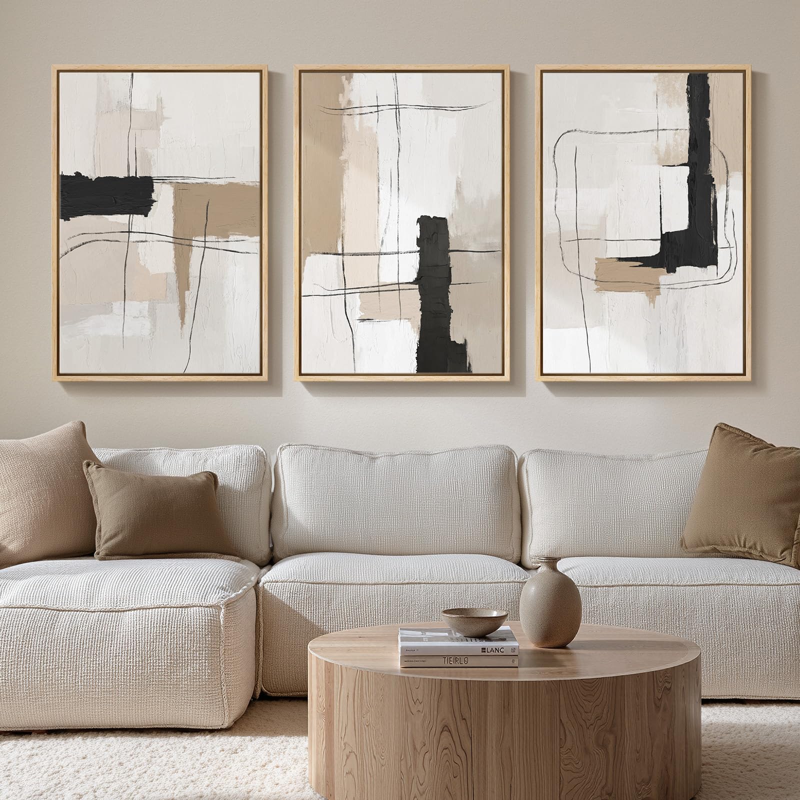 Large Framed Neutral Abstract Wall Art Set Of 3, Modern Black And White Beige Canvas Prints Paintings Artwork For Walls, Minimal