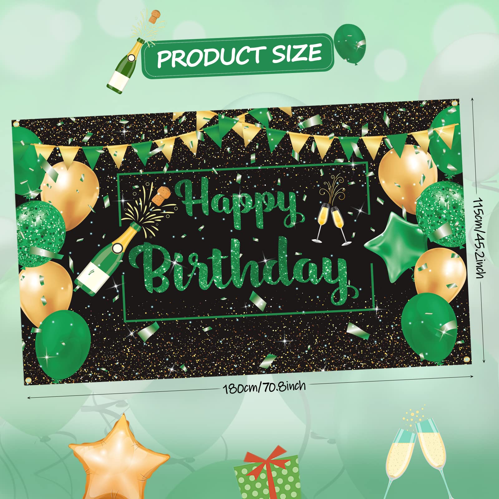 Green Black Gold Birthday Party Decoration Banner, Green Black Happy Birthday Backdrop Banner, Large Green Black Gold Birthday B