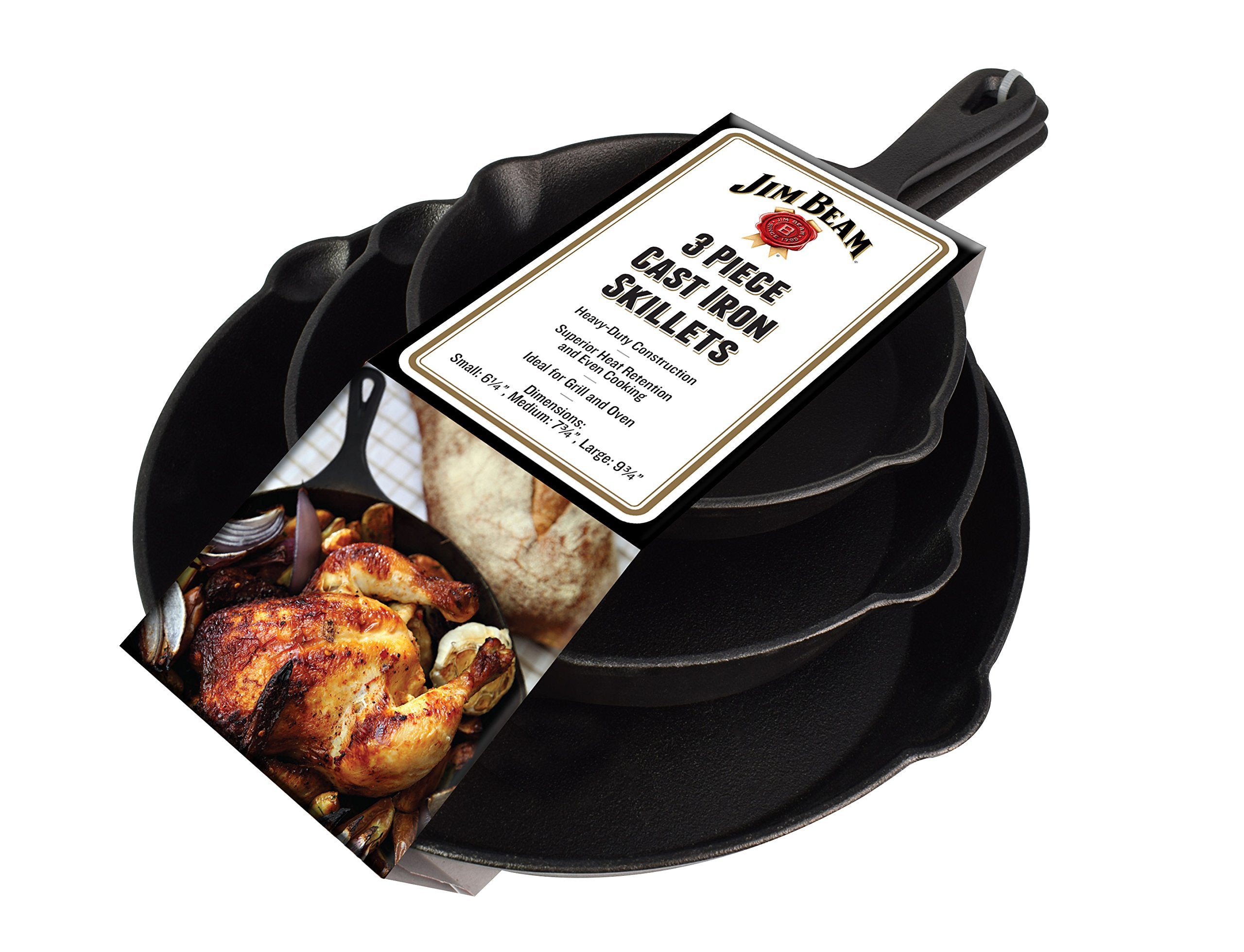 Jim Beam Set Of 3 Pre Seasoned Cast Iron Skillets With Even Distribution And Heat Retention-6'' 8'' 10'', Large, Black