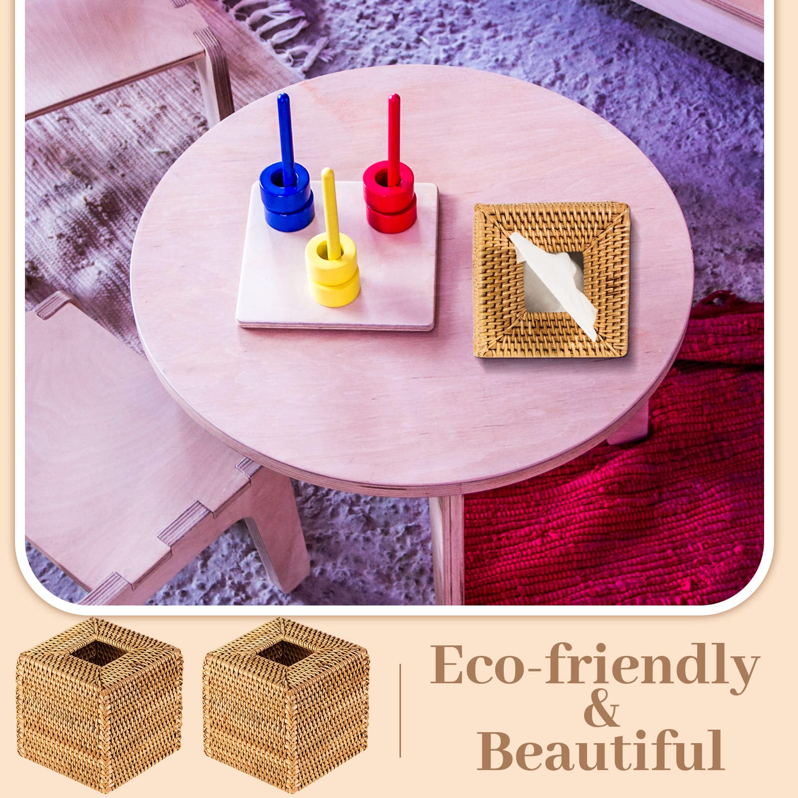 Kigley 2 Pcs Square Rattan Tissue Box Cover Boho Wicker Tissue Cube Box Cover Decorative Natural Wicker Hand Woven Napkin Box Ho