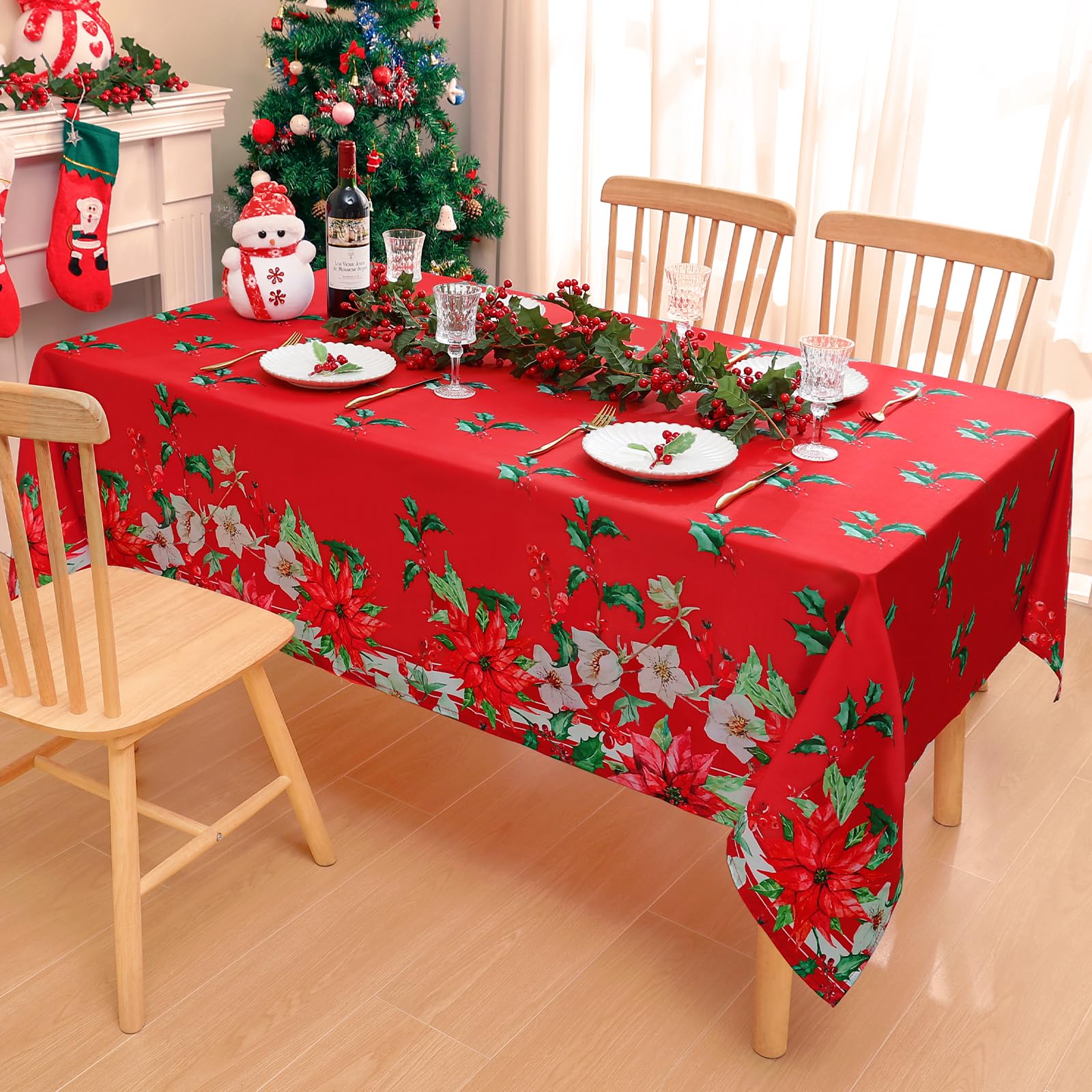 Homing Christmas Round Tablecloth - Red Poinsettia Flower Holly Holiday Wrinkle Resistant Spillproof Easy Care Table Cloth For P