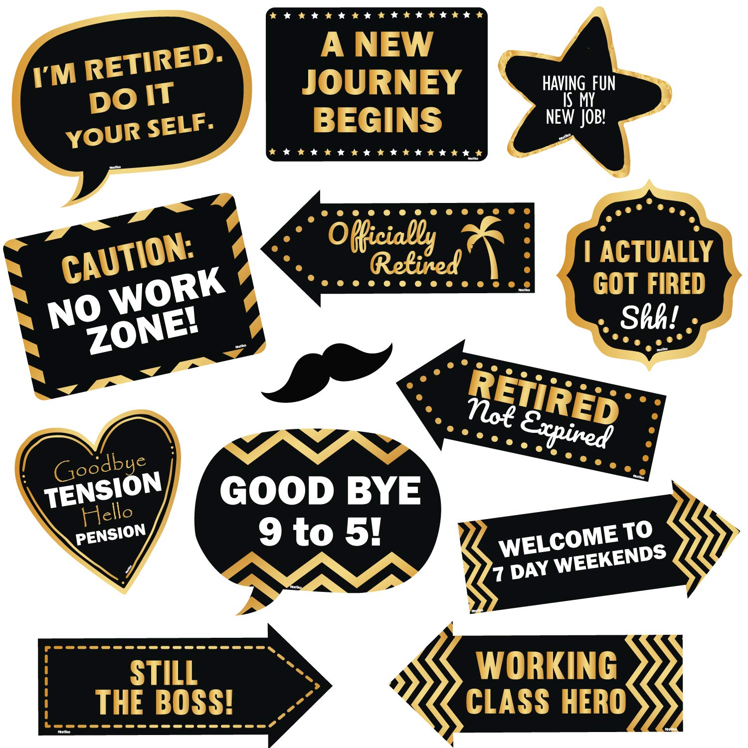 Festiko Retirement Photobooth Props  Set of 13pcs Black and Gold Cardstock Props for Retirement Party Celebration and Photoshoo