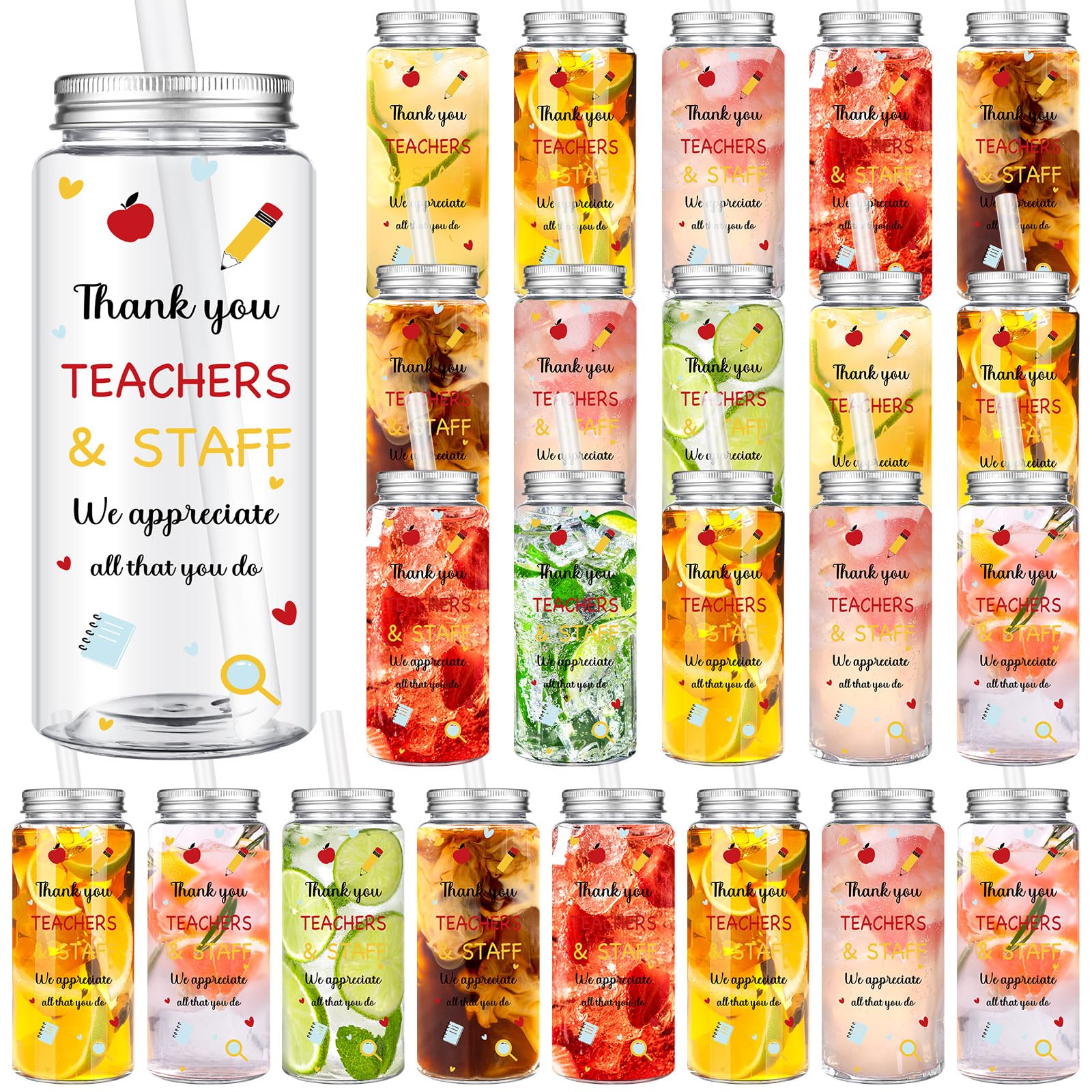 Skylety 24 Pcs Teacher and Staff Cup Gift Bulk End of Year Gift for Teacher and Staff Plastic Tumbler with Lids and Straws Gradu