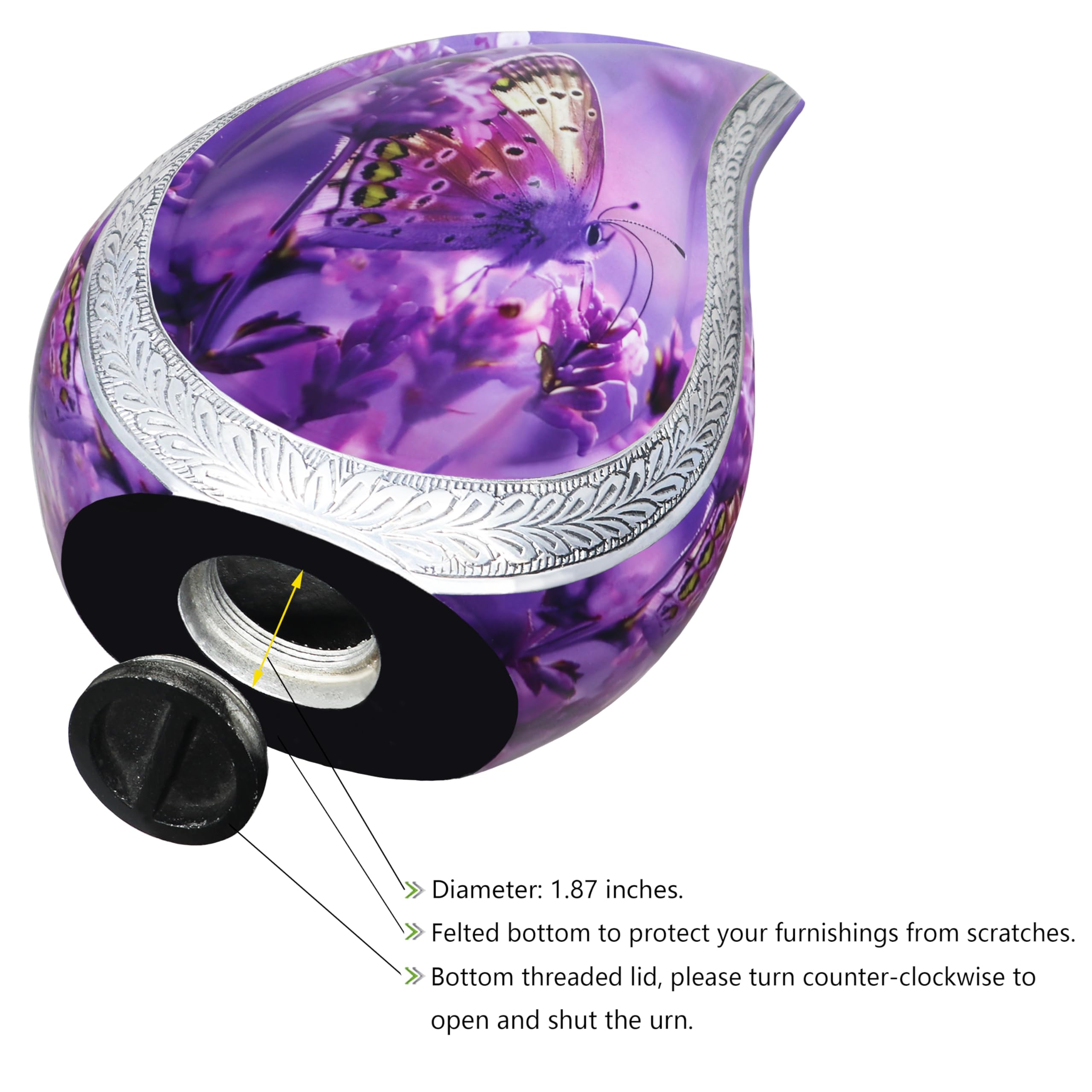 NANIURN Small Urns for Human Ashes Keepsake, Cremation Urn for Ashes for Women & Men, Purple Butterfly and Lavender, Mini Teardr