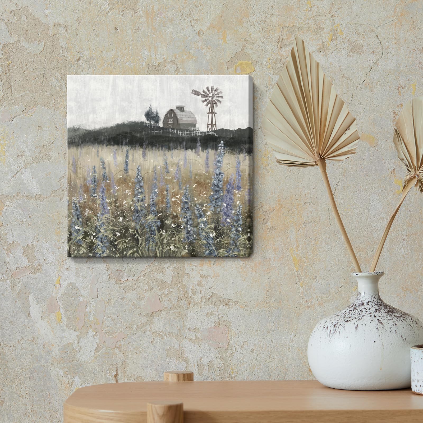 Bathroom Wall Art Vintage Farmhouse Canvas Print Retro Countryside Flower Field Nature Meadow Landscape Rustic Windmill Barn Pic