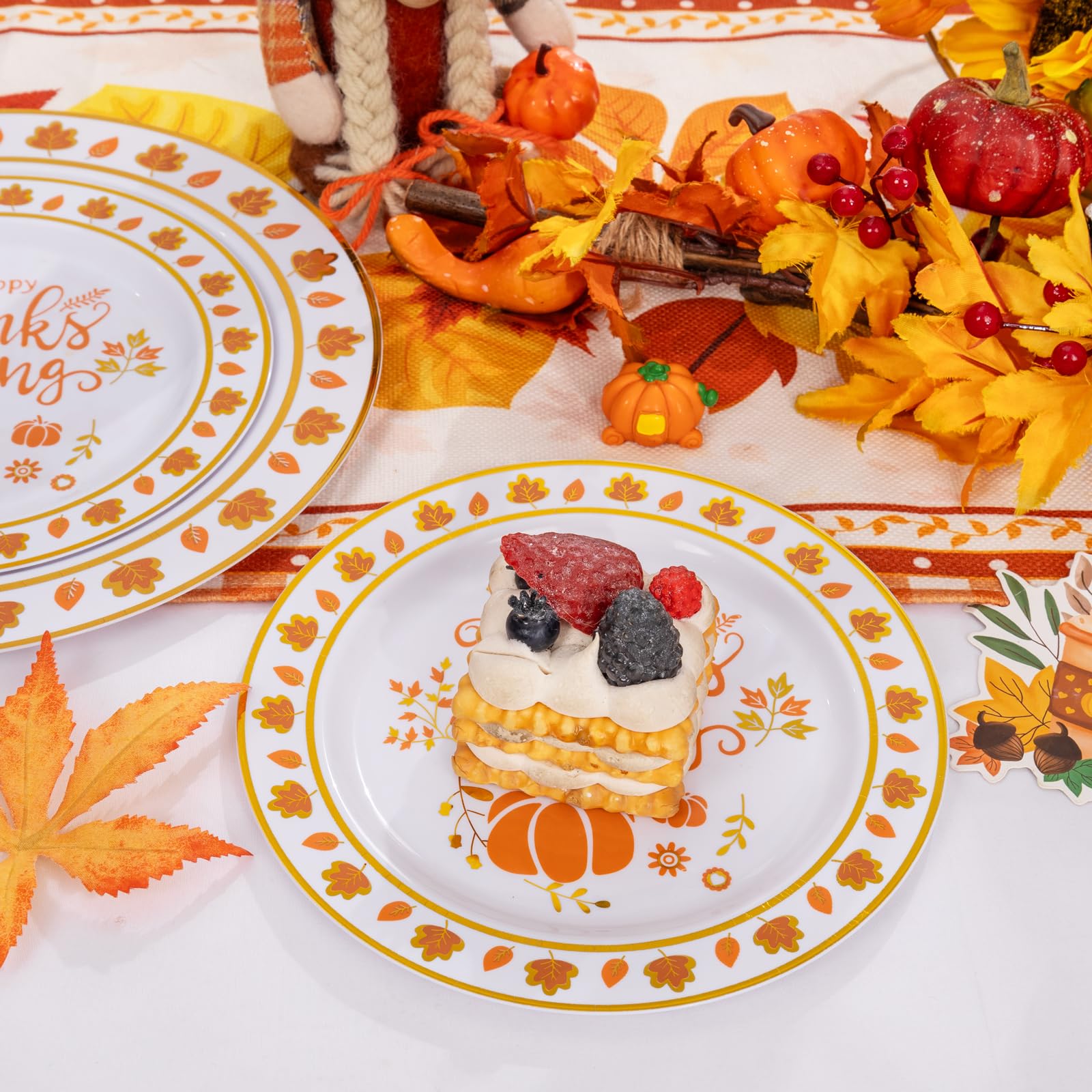 EI 60pcs Thanksgiving Plastic Plates,Thanksgiving Party Supplies,White and Gold Orange Plastic Plates,Fall Plastic Plates Dispos