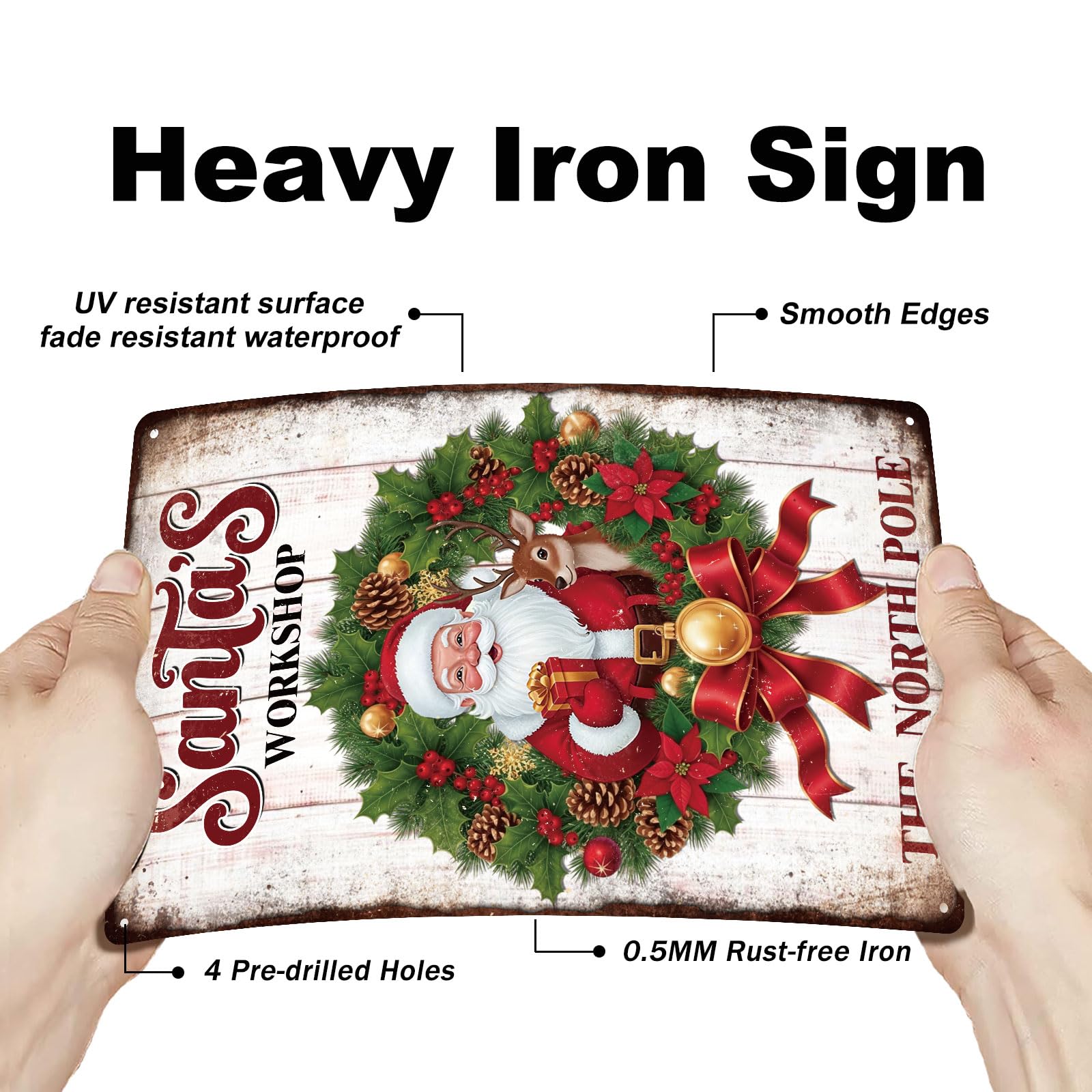 GLOBLELAND Christmas Santa Claus Wreath Metal Tin Sign 8x12in Santa's Workshop Tin Sign Wall Poster Plaque for Living Room Chris